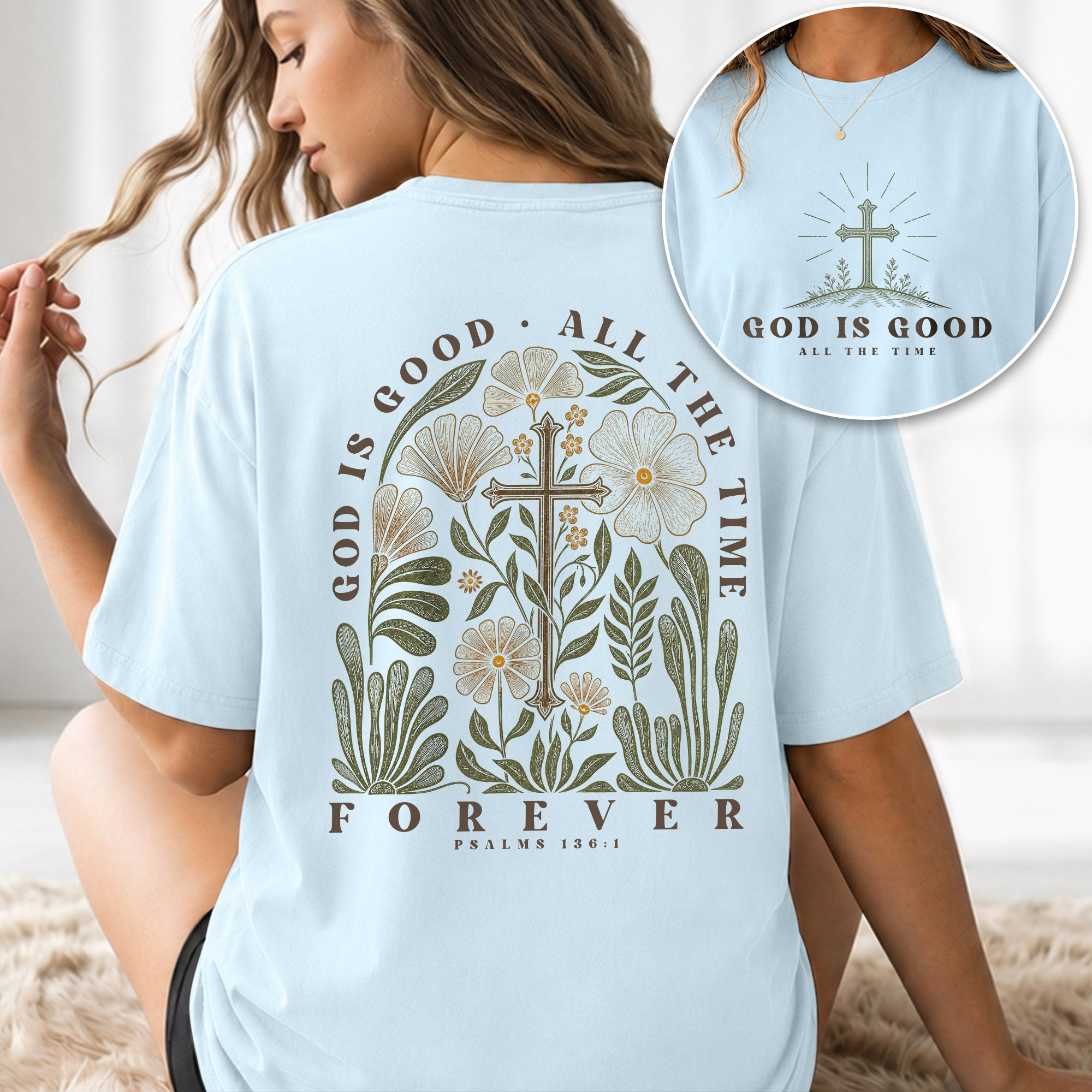 God Is Good Shirt Women Christian T-Shirt Floral Cross Faith Psalms Scripture Graphic Tee - Rust Field Wear