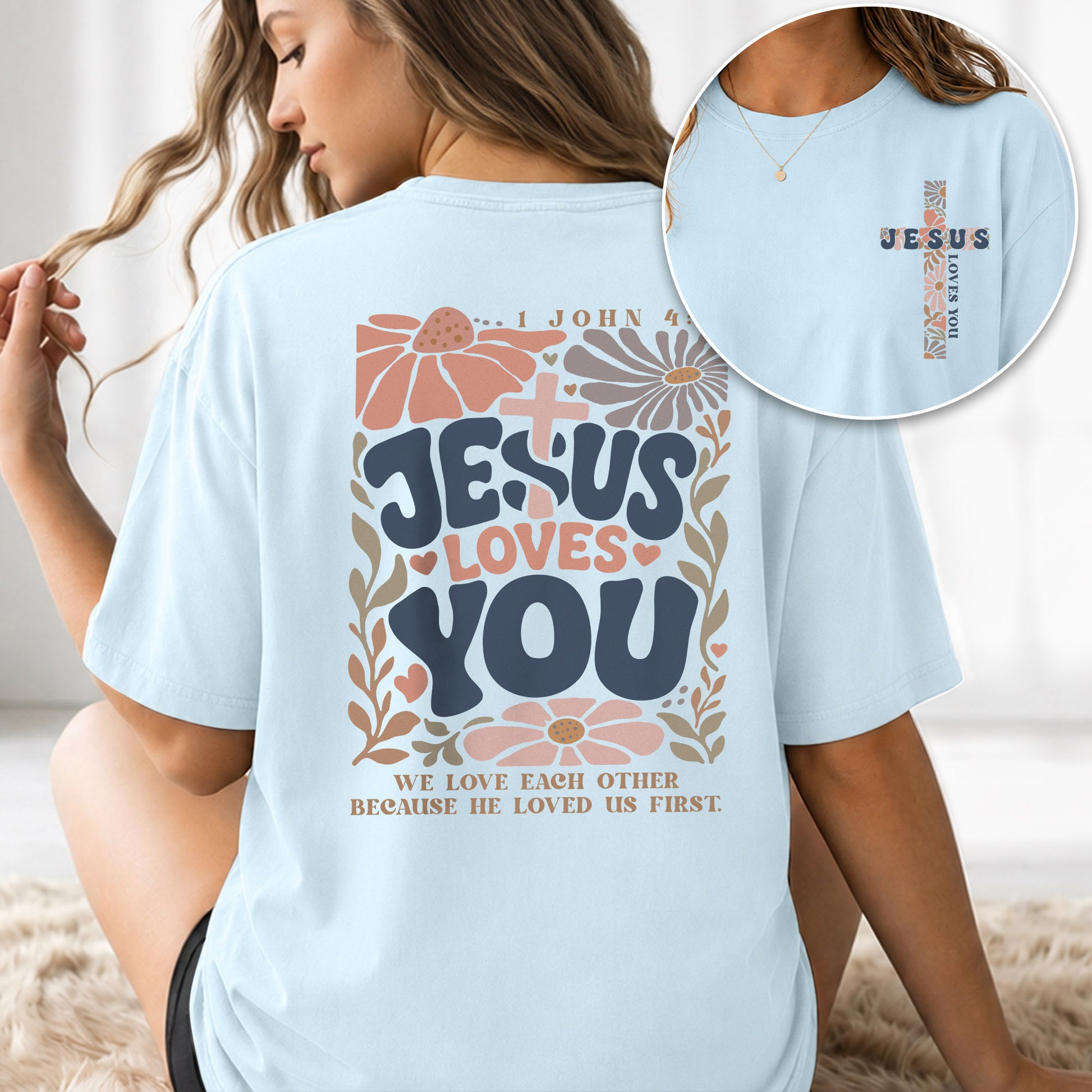 Jesus Loves You Retro Floral Cross Christian Graphic Casual Basic Tee Shirt Women - Rust Field Wear