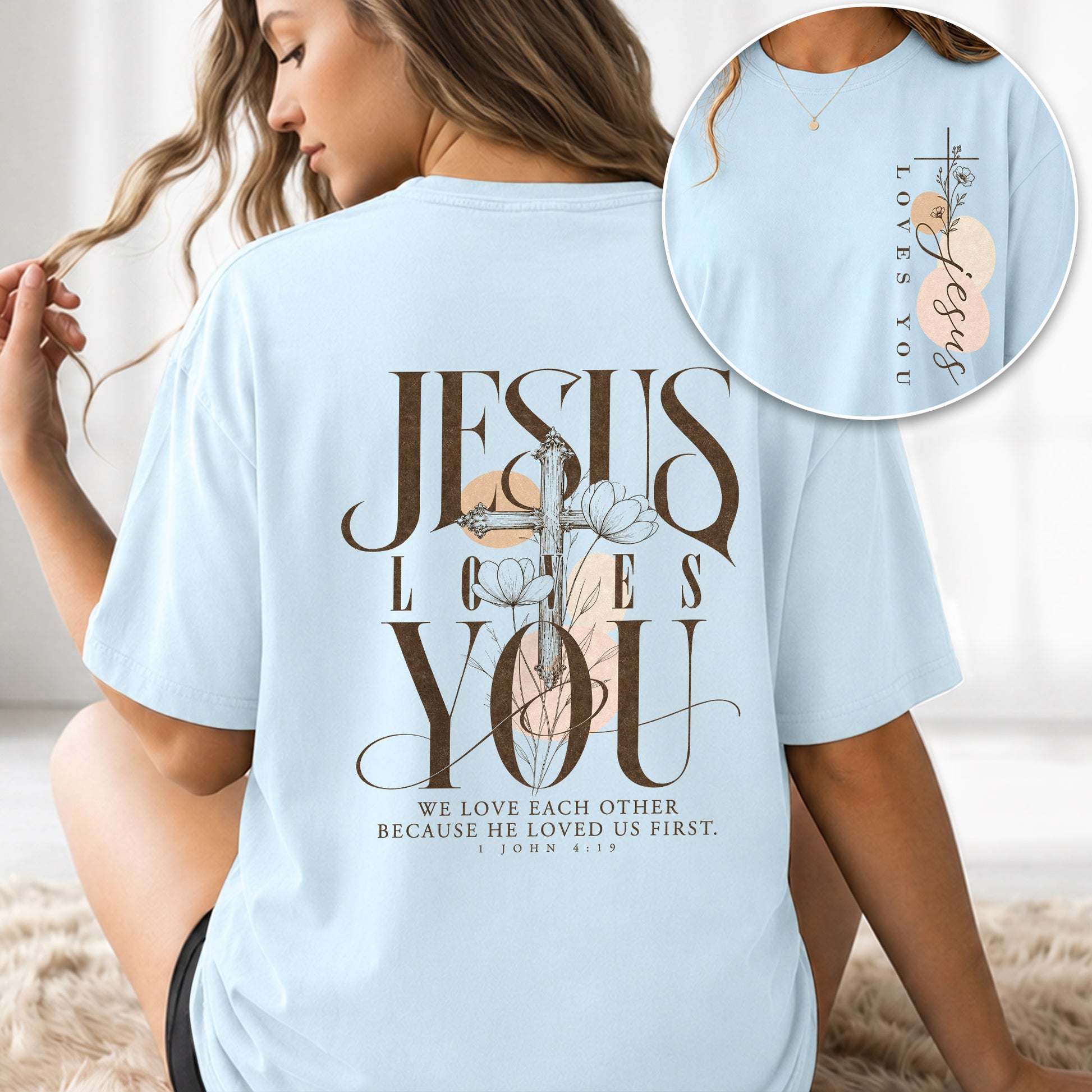Jesus Loves You Cross Floral Christian Graphic Everyday Tee Shirt For Women Apparel - Rust Field Wear