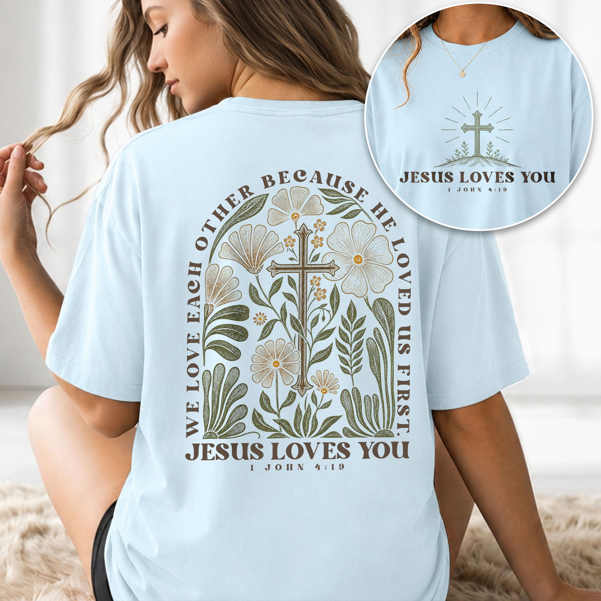 Jesus Loves You 1 John 4 19 Cross Floral Christian Graphic Casual Tee Shirt Women - Rust Field Wear