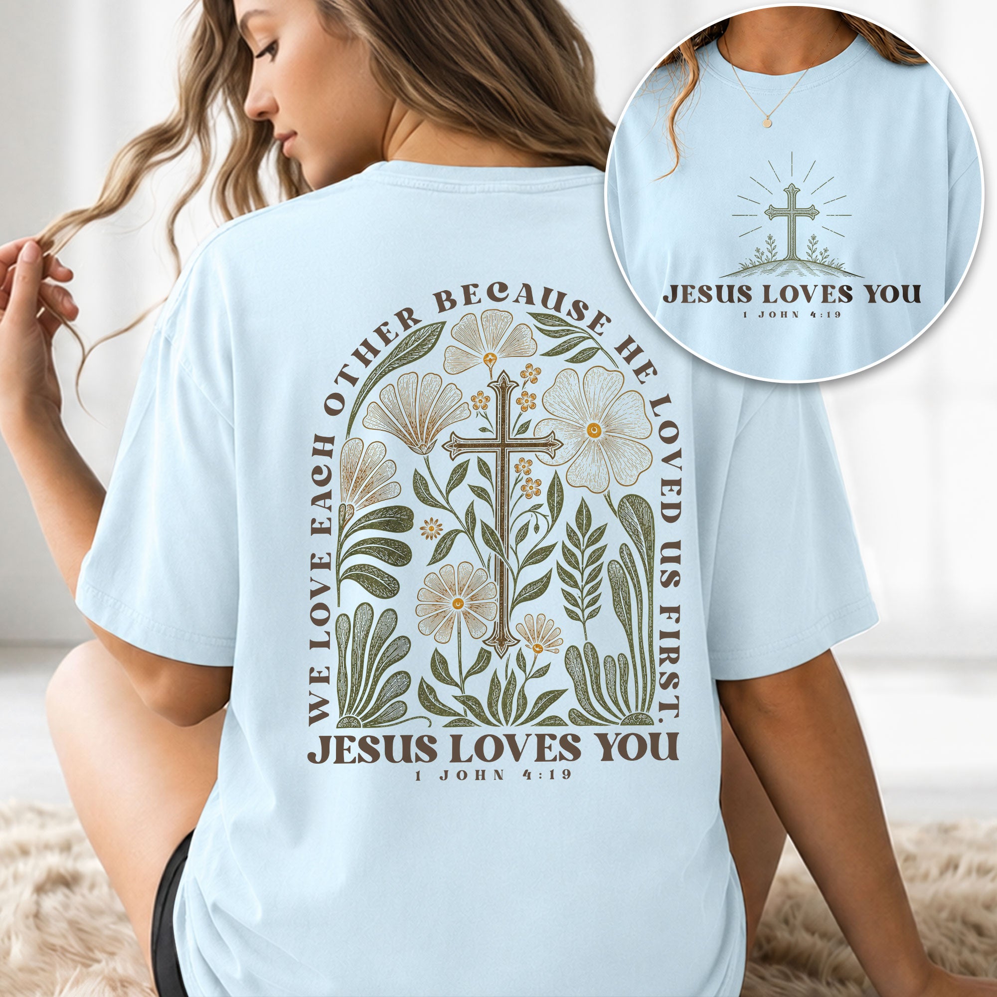 Jesus Loves You 1 John 4 19 Cross Floral Christian Graphic Casual Tee Shirt Women - Rust Field Wear