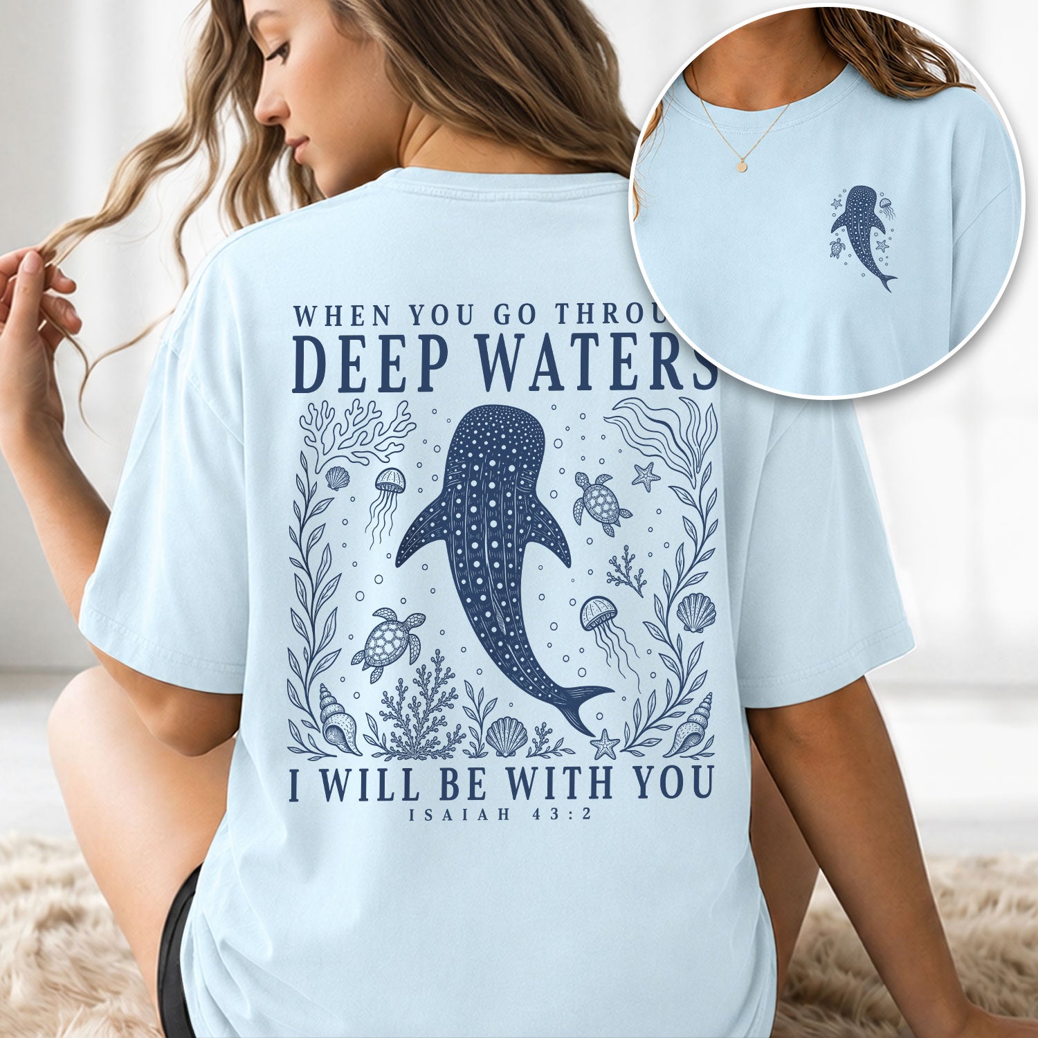 When You Go Through Deep Waters Whale Isaiah 43 2 Christian Graphic Tee Shirt Women - Rust Field Wear