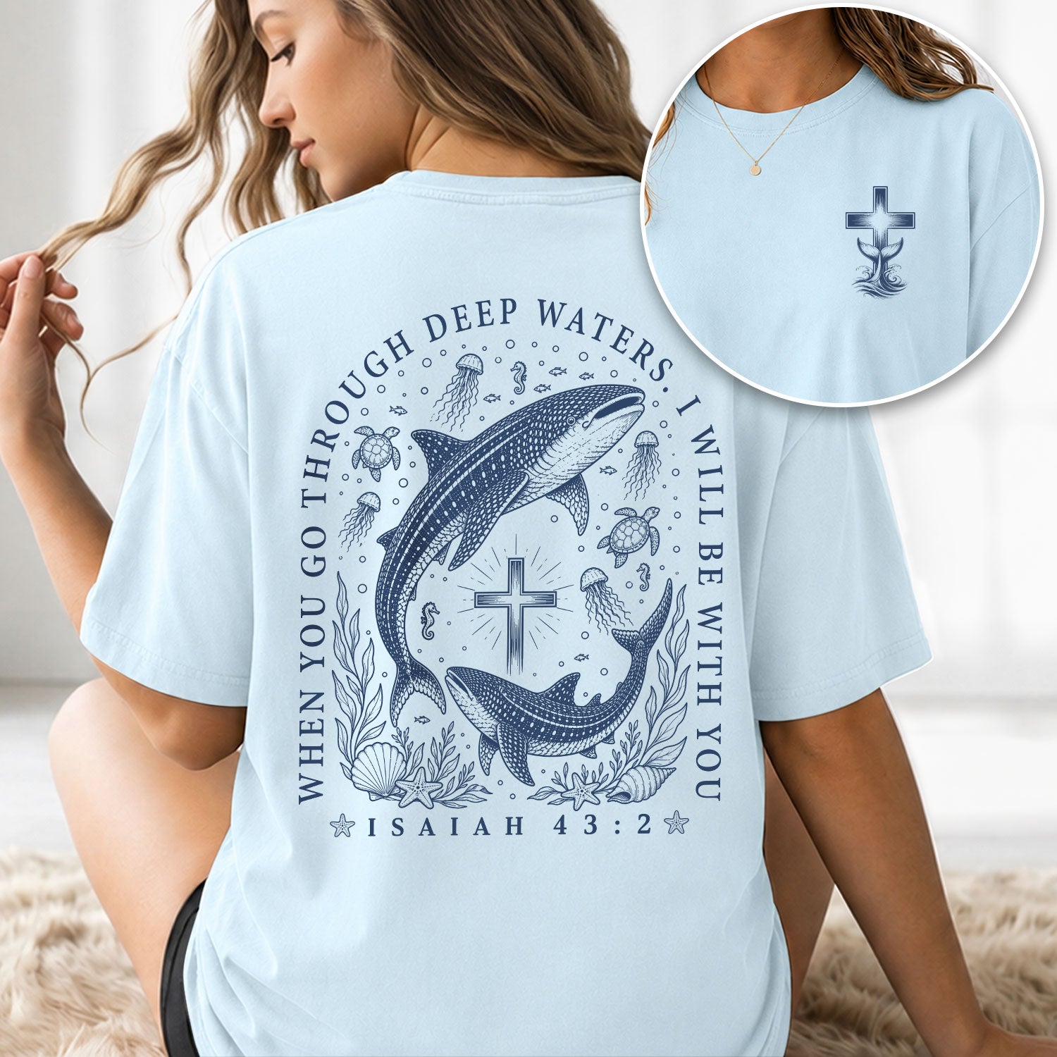 When You Go Through Deep Waters Whale Cross Christian Graphic Tee Shirt For Women - Rust Field Wear