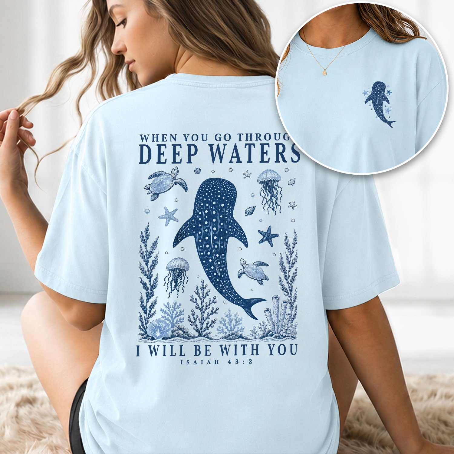 When You Go Through Deep Waters Whale Isaiah 43 2 Christian Graphic Tee Shirt For Women - Rust Field Wear