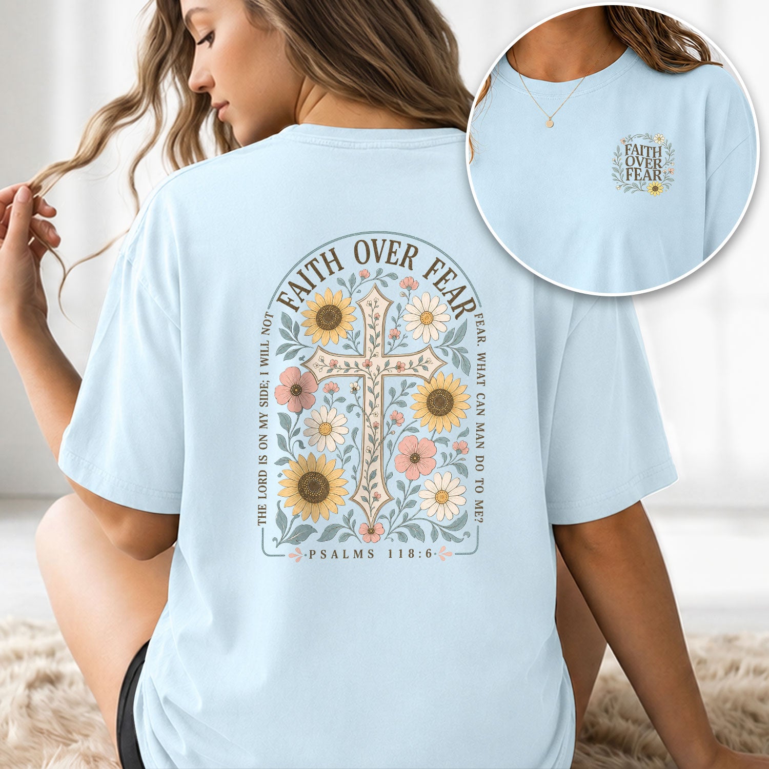 Christian T-Shirt Women Floral Cross Graphic Tee Faith Over Fear Bible Verse Tops Sunflower