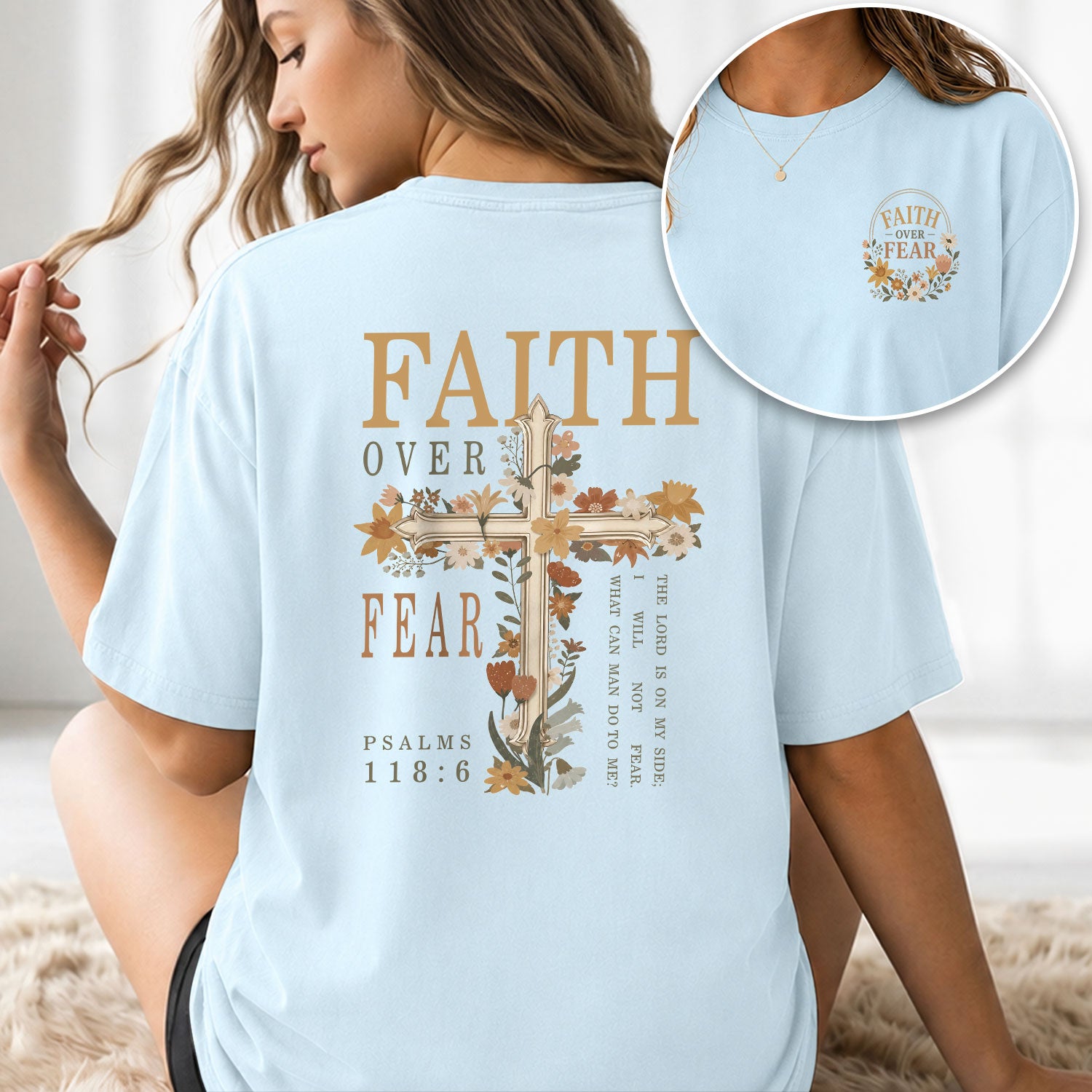 Faith Over Fear Shirt Women Vintage Floral Cross T-Shirt Psalms 118 Bible Verse Tee Tops