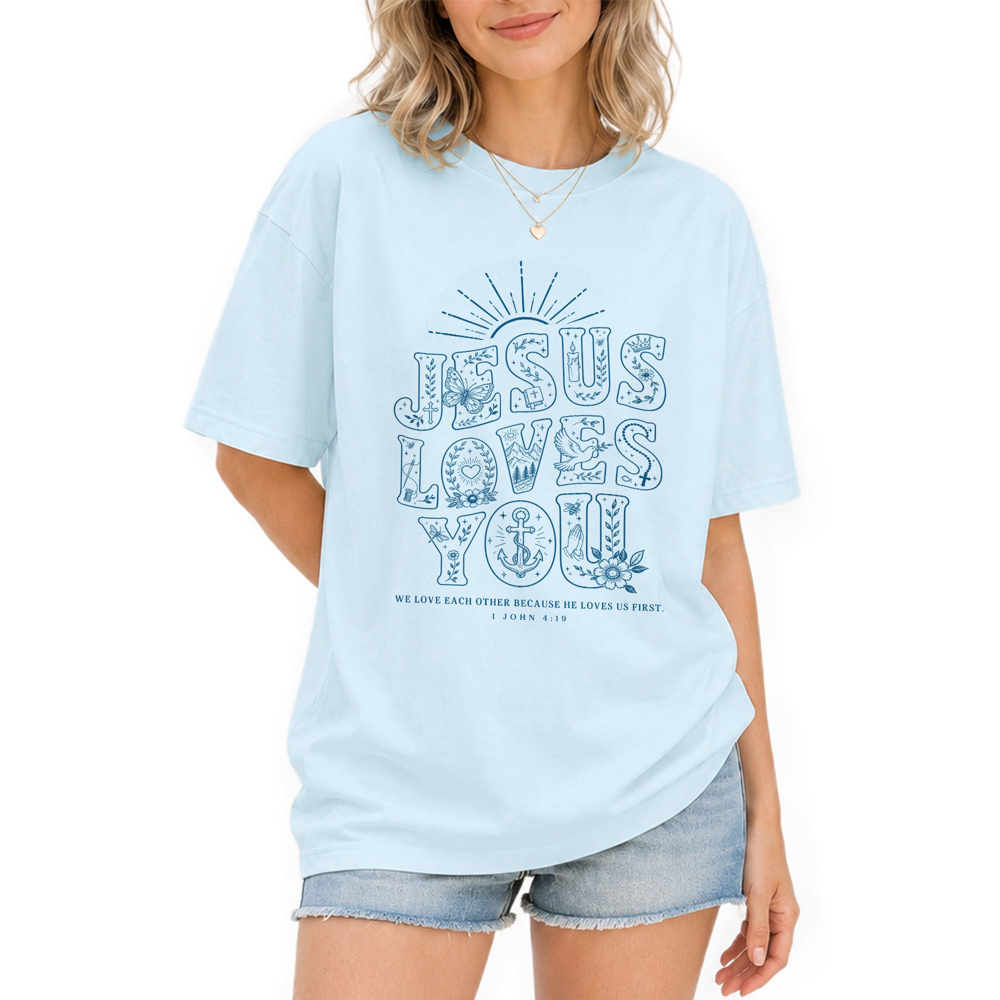 Jesus Loves You T-Shirt Christian Women Faith Shirt Aesthetic Doodle Line Art Graphic - Rust Field Wear