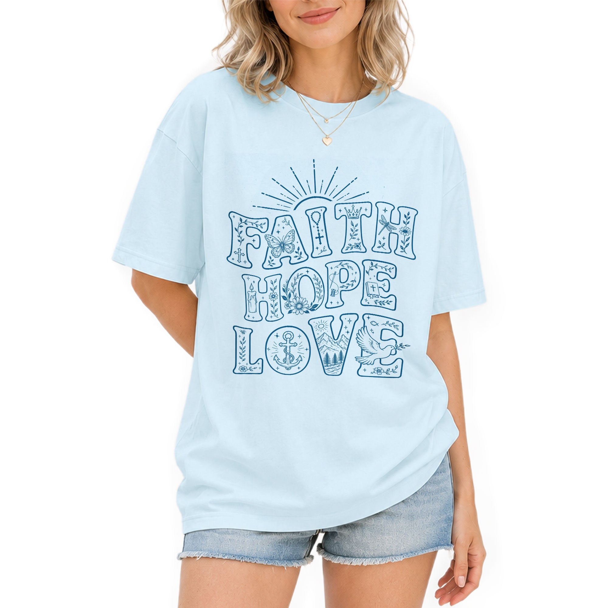 Faith Hope Love T-Shirt Christian Women Faith Shirt Aesthetic Doodle Line Art Graphic - Rust Field Wear
