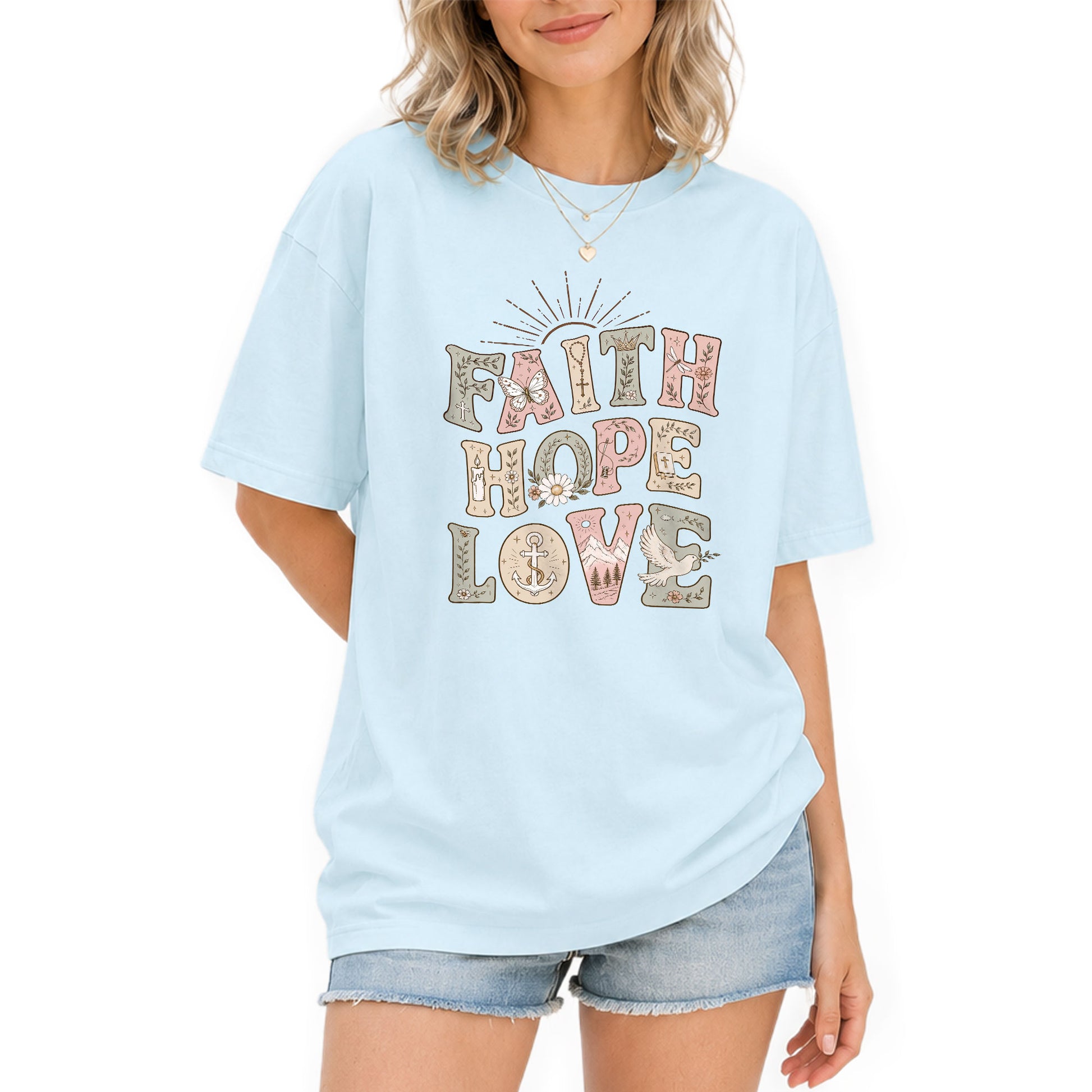 Faith Hope Love T-Shirt Christian Women Faith Shirt Aesthetic Colorful Bible Verse Tee - Rust Field Wear