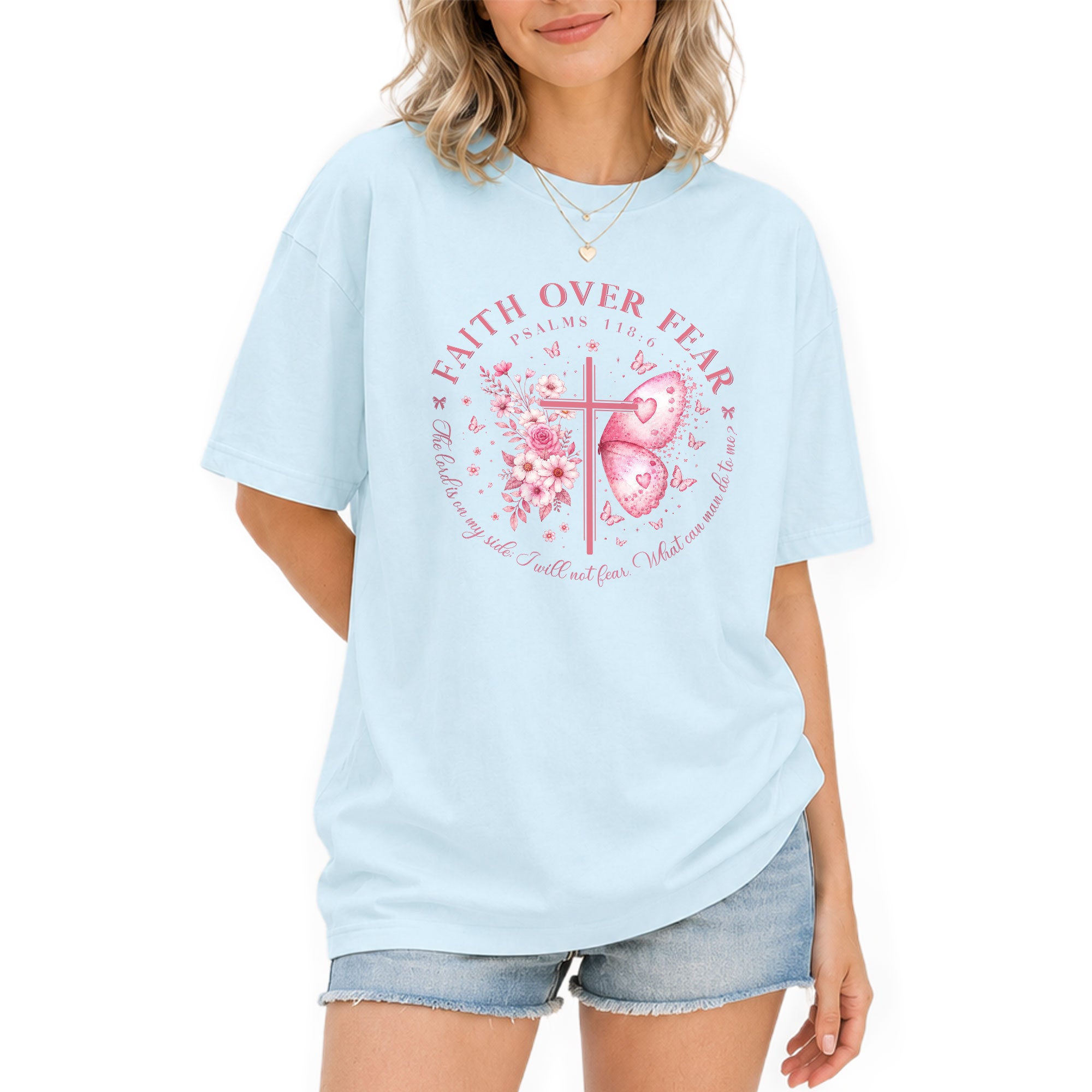 Faith Over Fear Psalms 118:6 Butterfly Cross Christian Graphic Tee For Women Apparel - Rust Field Wear