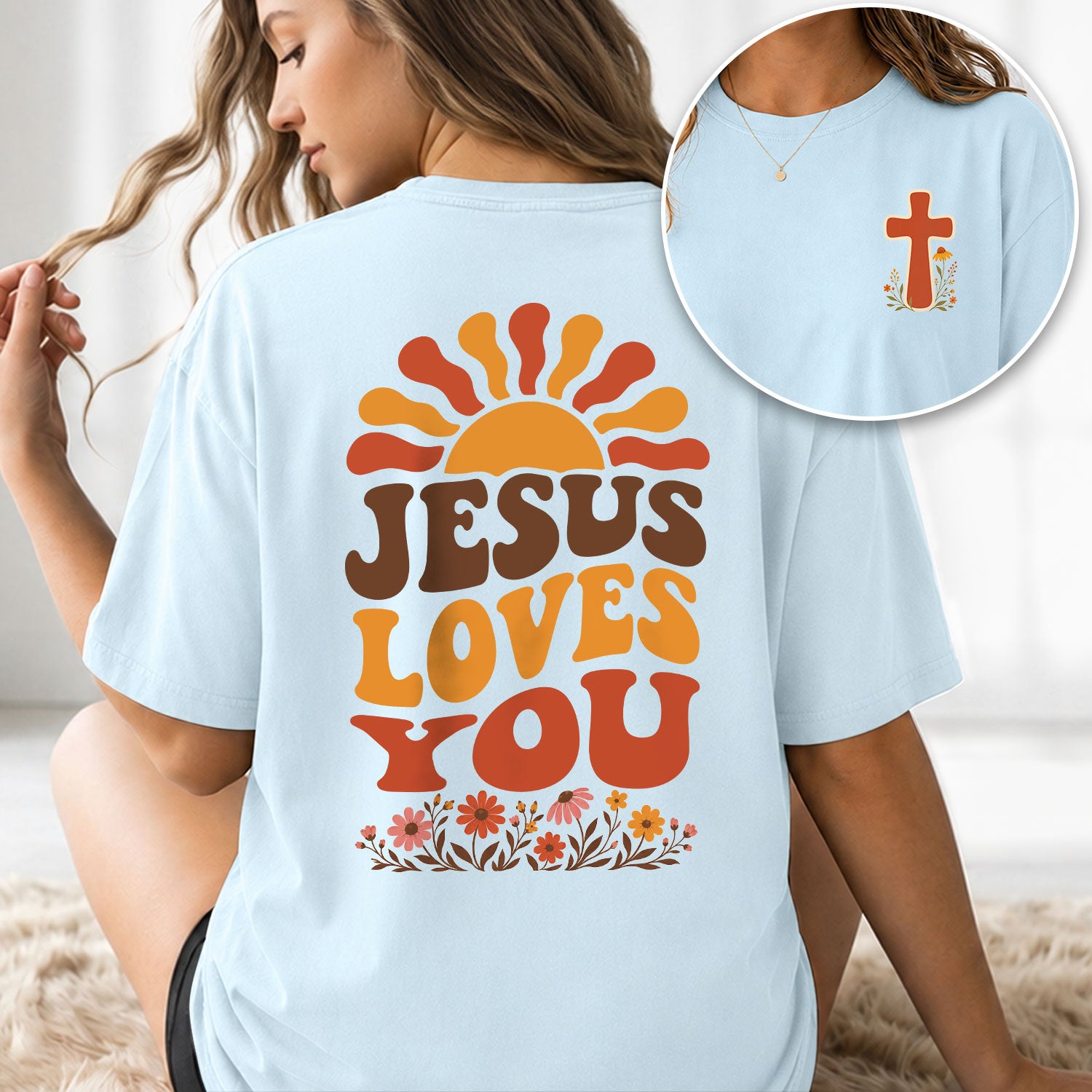 Jesus Loves You Retro Sun Floral Christian Graphic Tee Shirt For Women Everyday Wear - Rust Field Wear