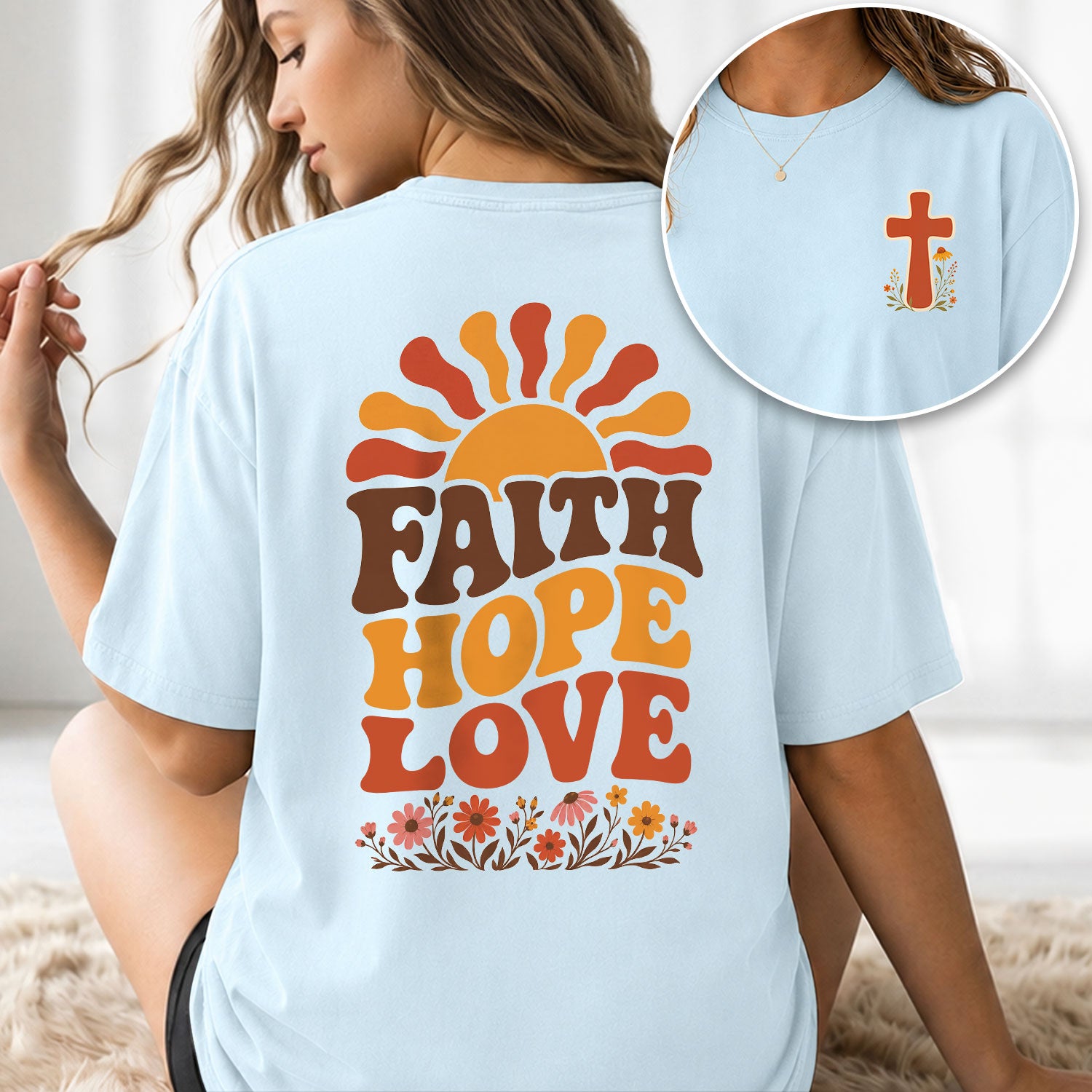 Faith Hope Love Retro Sun Floral Christian Graphic Tee Shirt For Women Everyday Wear - Rust Field Wear
