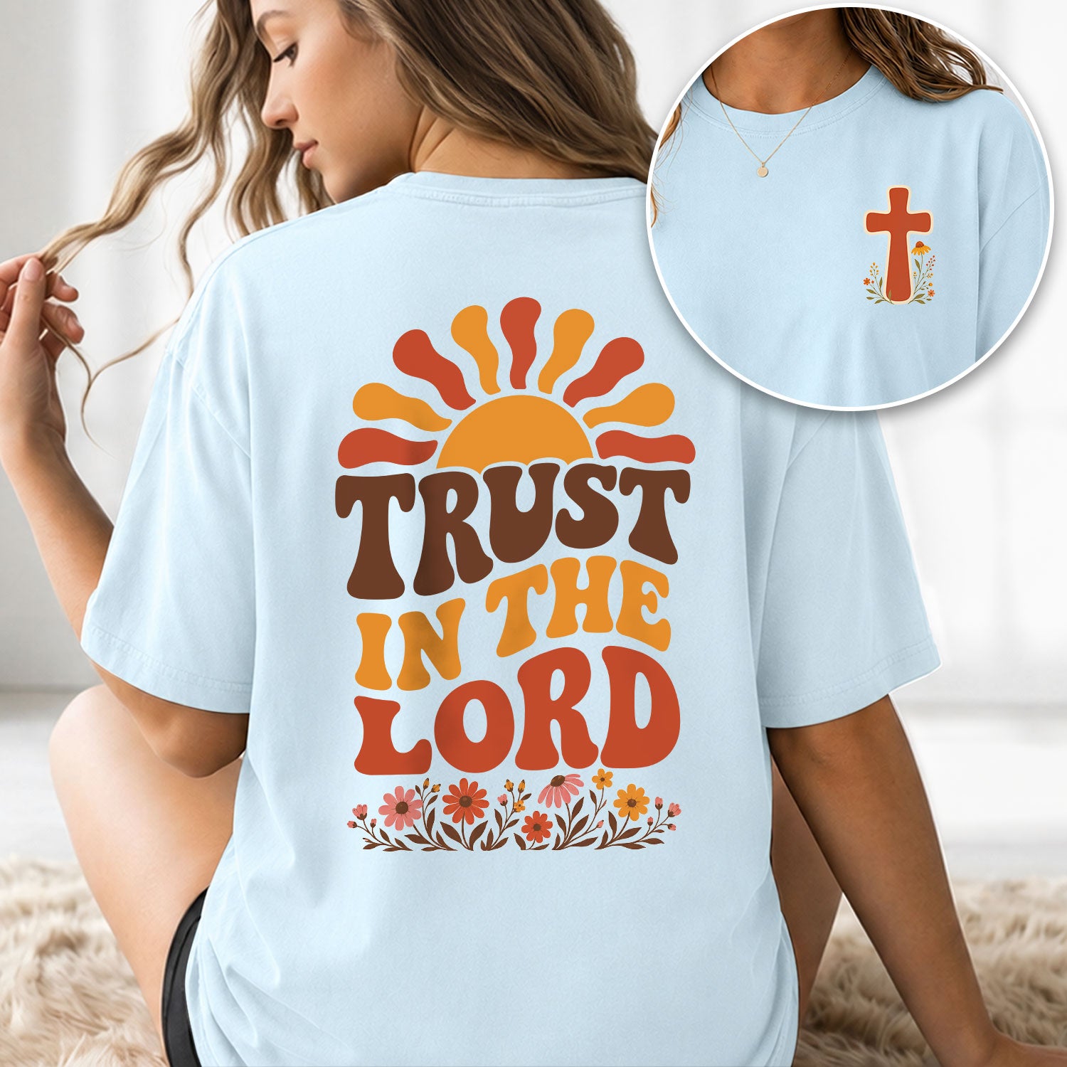 Trust In The Lord Retro Sun Floral Christian Graphic Tee Shirt For Women Apparel - Rust Field Wear