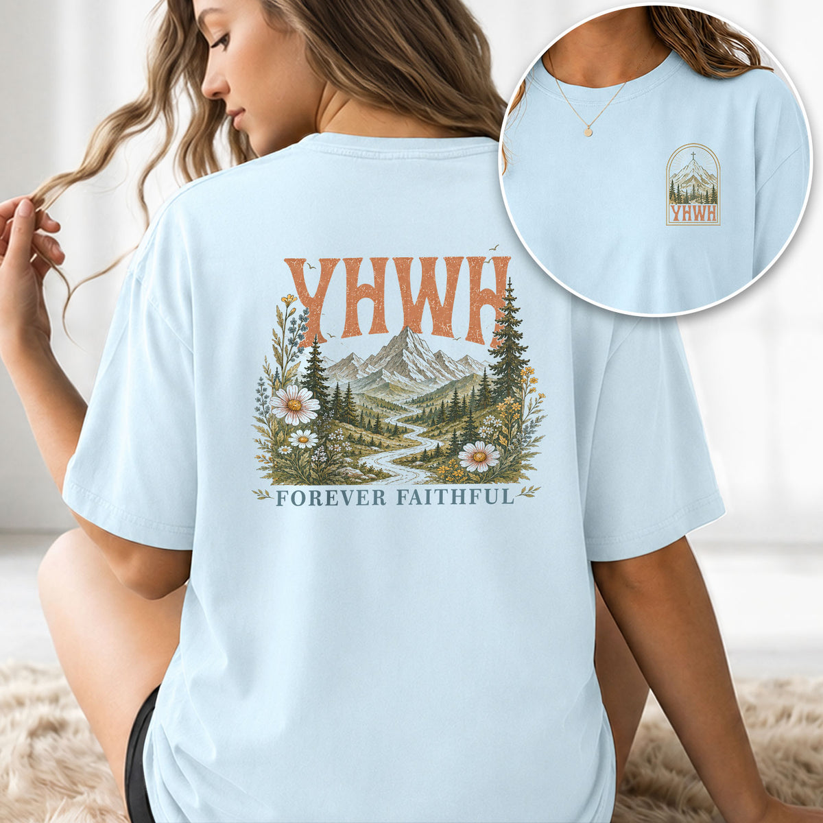 Spiritual Christian YHWH Mountain Nature Aesthetic Women Graphic Tee Shirt Vintage - Rust Field Wear