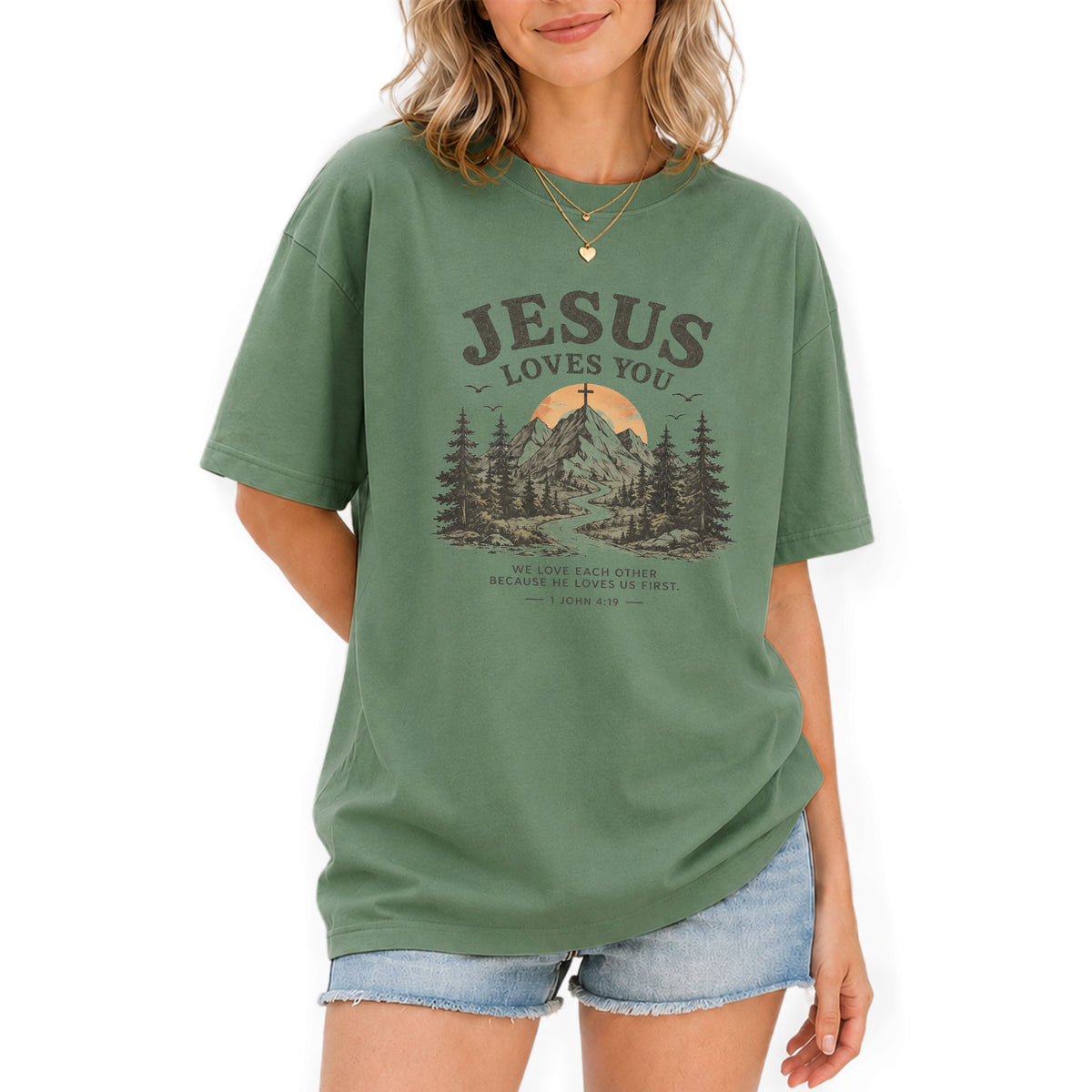 Jesus Loves You Shirt Mountain Christian Sunset Cross 1 John 4 19 Faith Graphic Tee - Rust Field Wear
