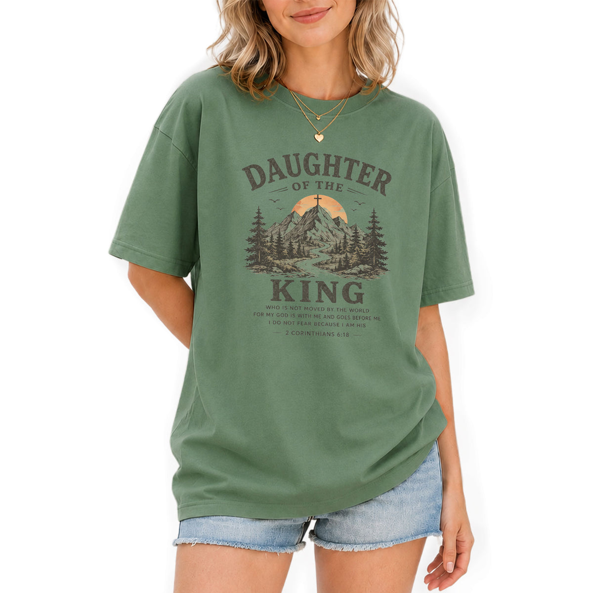 Daughter Of The King Mountain Cross 2 Corinthians 6 18 Graphic Christian T Shirt Women - Rust Field Wear