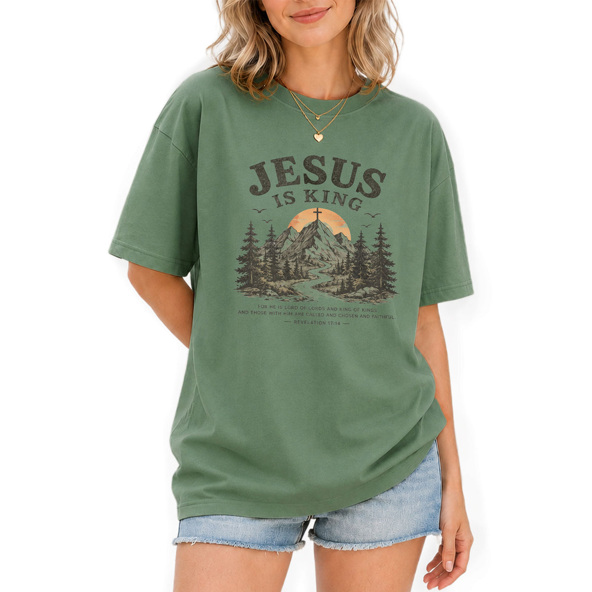Jesus Is King Mountain Cross Trees Revelation 17 14 Graphic Christian T Shirt Women - Rust Field Wear