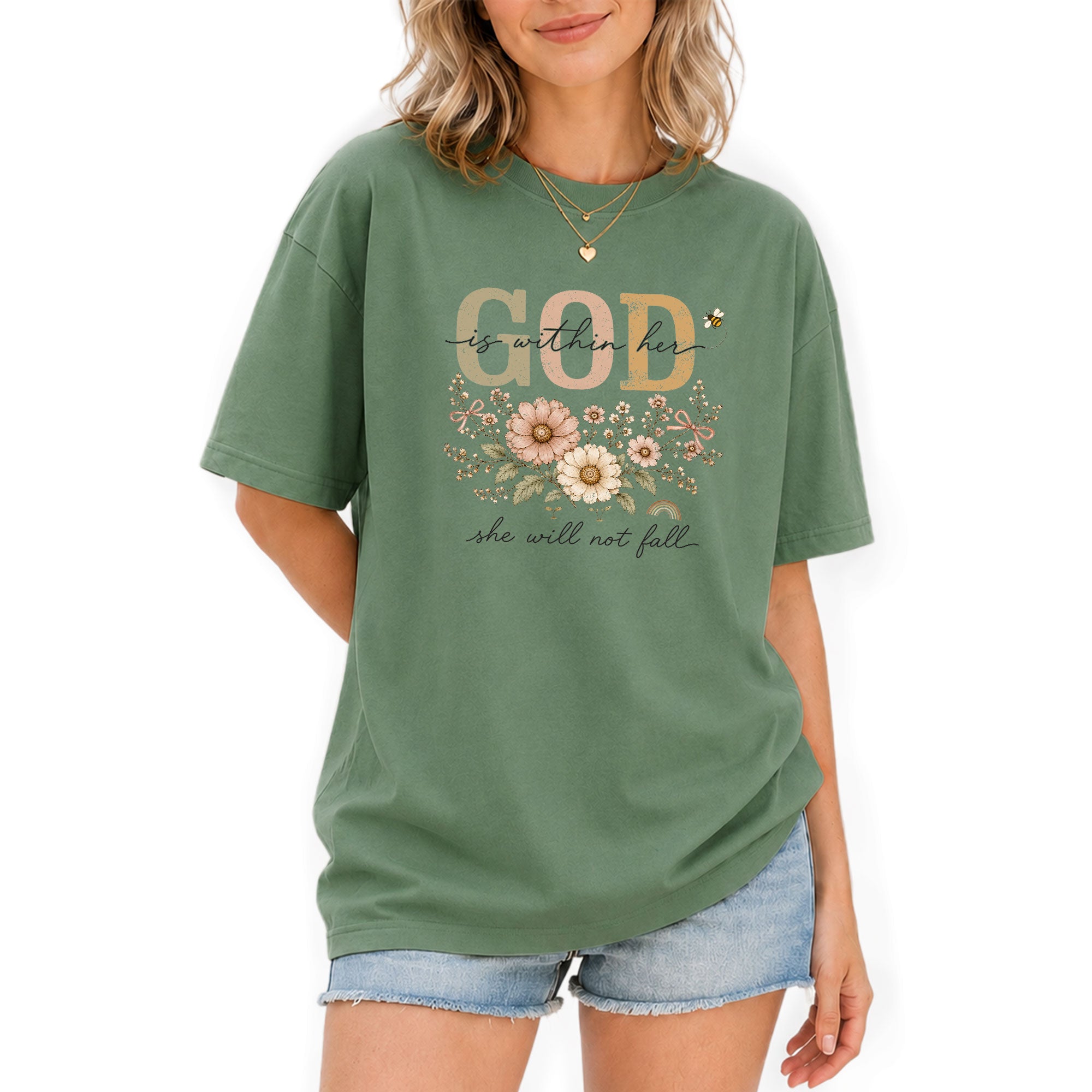 God Is Within Her She Will Not Fall Shirt Daisy Bee Christian Psalm 46 5 Graphic Tee - Rust Field Wear