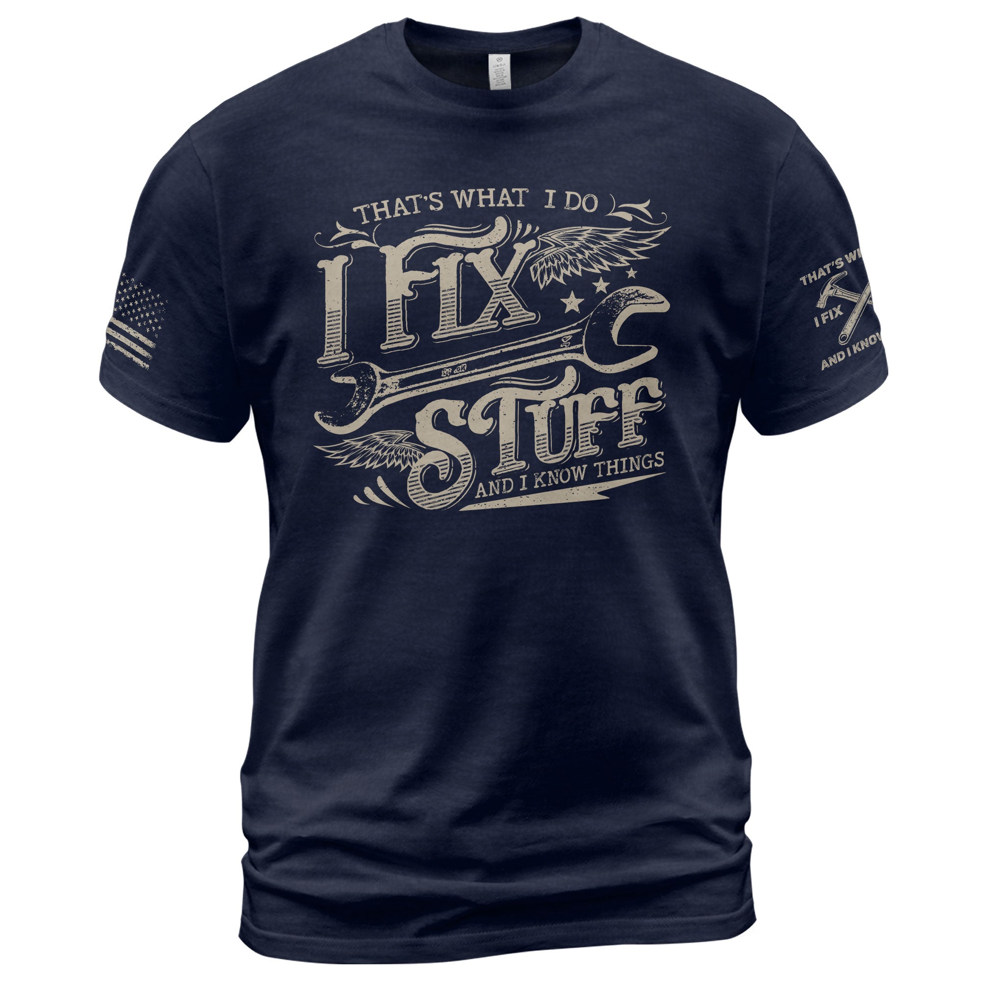 Men Winged Wrench Graphic T-Shirt I Fix Stuff And I Know Things Scroll Quote Tee