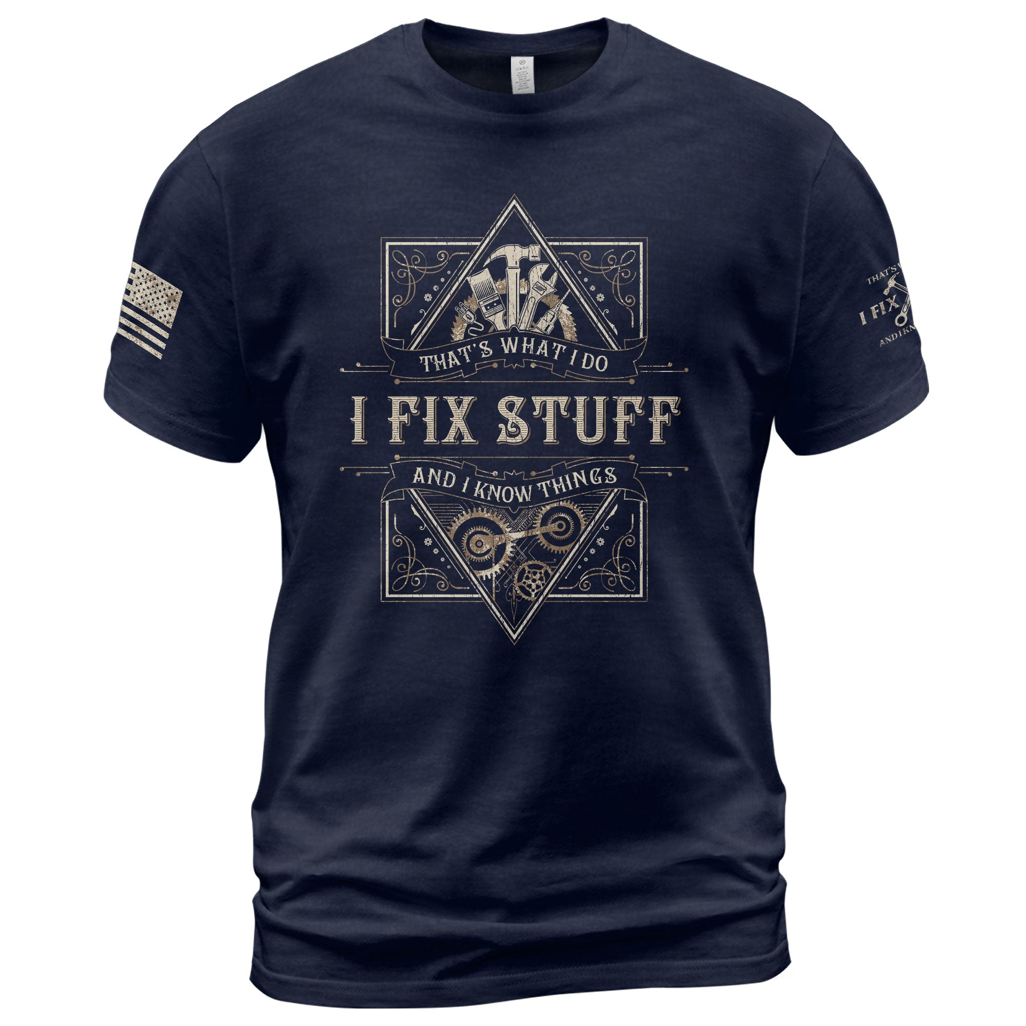 Men Graphic Scrollwork Frame T-Shirt I Fix Stuff And I Know Things Hammer Quote Tee