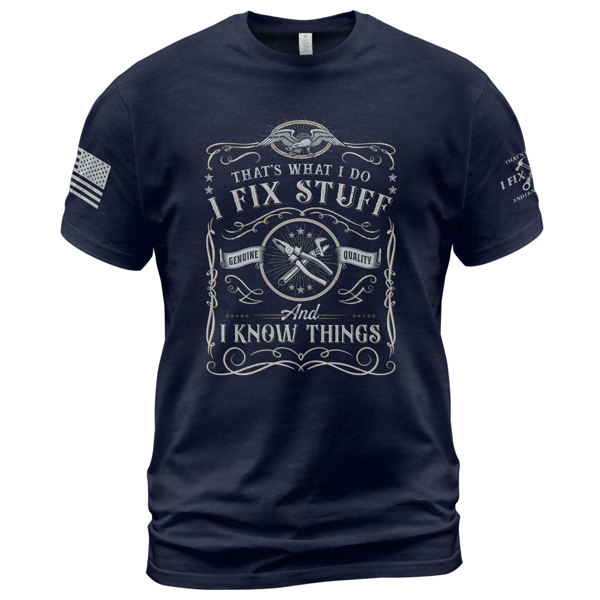 Graphic Shirt Men I Fix Stuff And I Know Things Label Quote T-Shirt Sleeve Details
