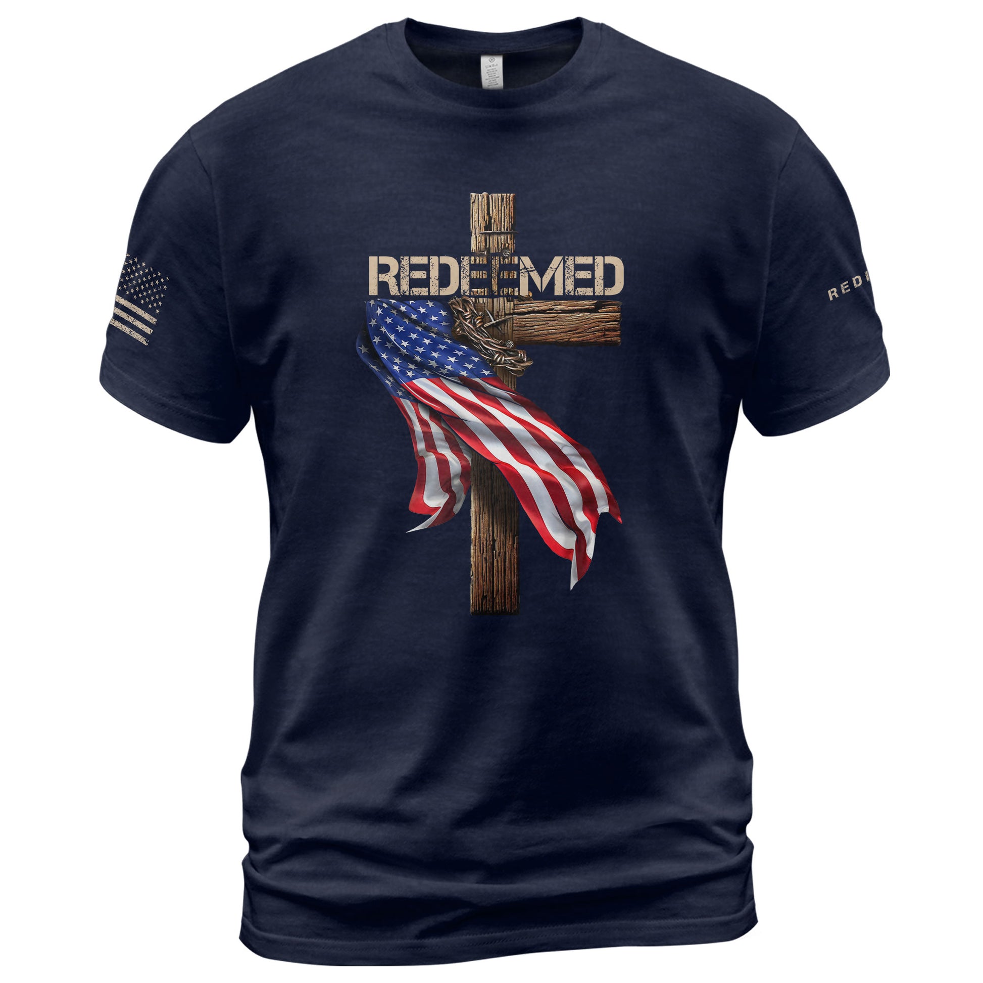 Redeemed by Christ American Flag Cross - Christian Shirts for Men, Faith Based Christian Tee Shirts - Rust Field Wear