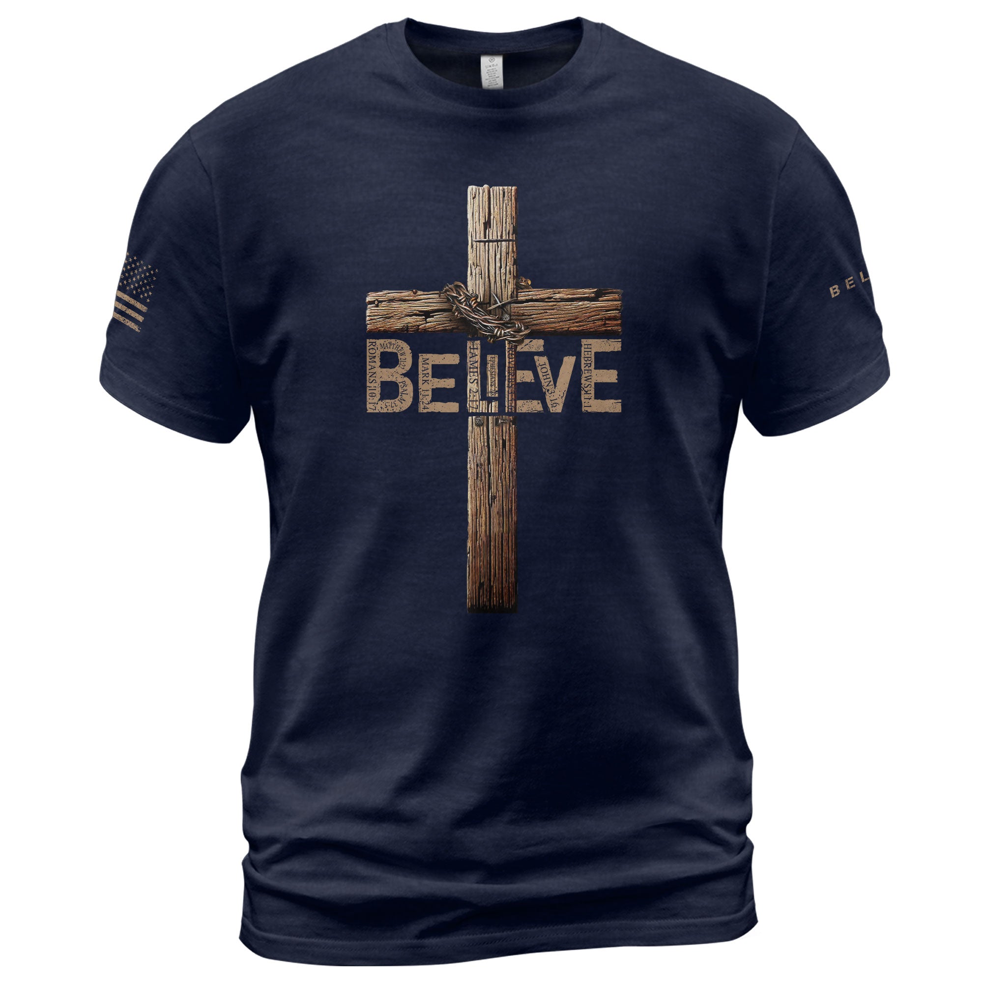Christian Shirts for Men - Believe In The Cross Rustic Wood Christian, Christian Tee Shirts - Rust Field Wear