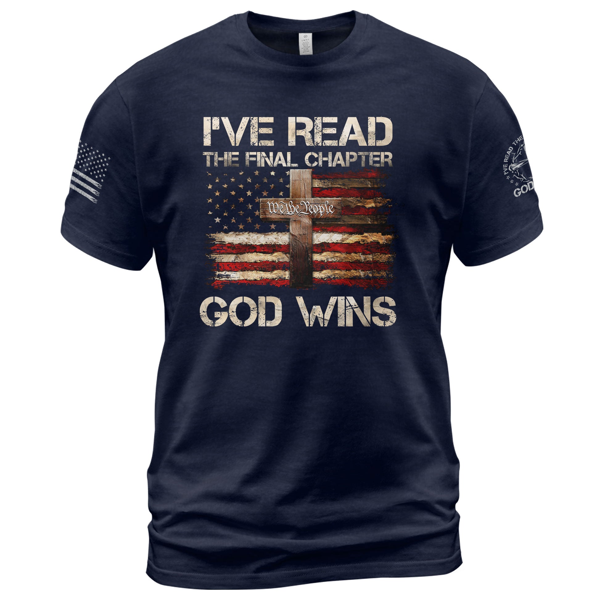 Christian Tee Shirts, God Wins Christian American Flag Cross - Christian Shirts for Men - Rust Field Wear