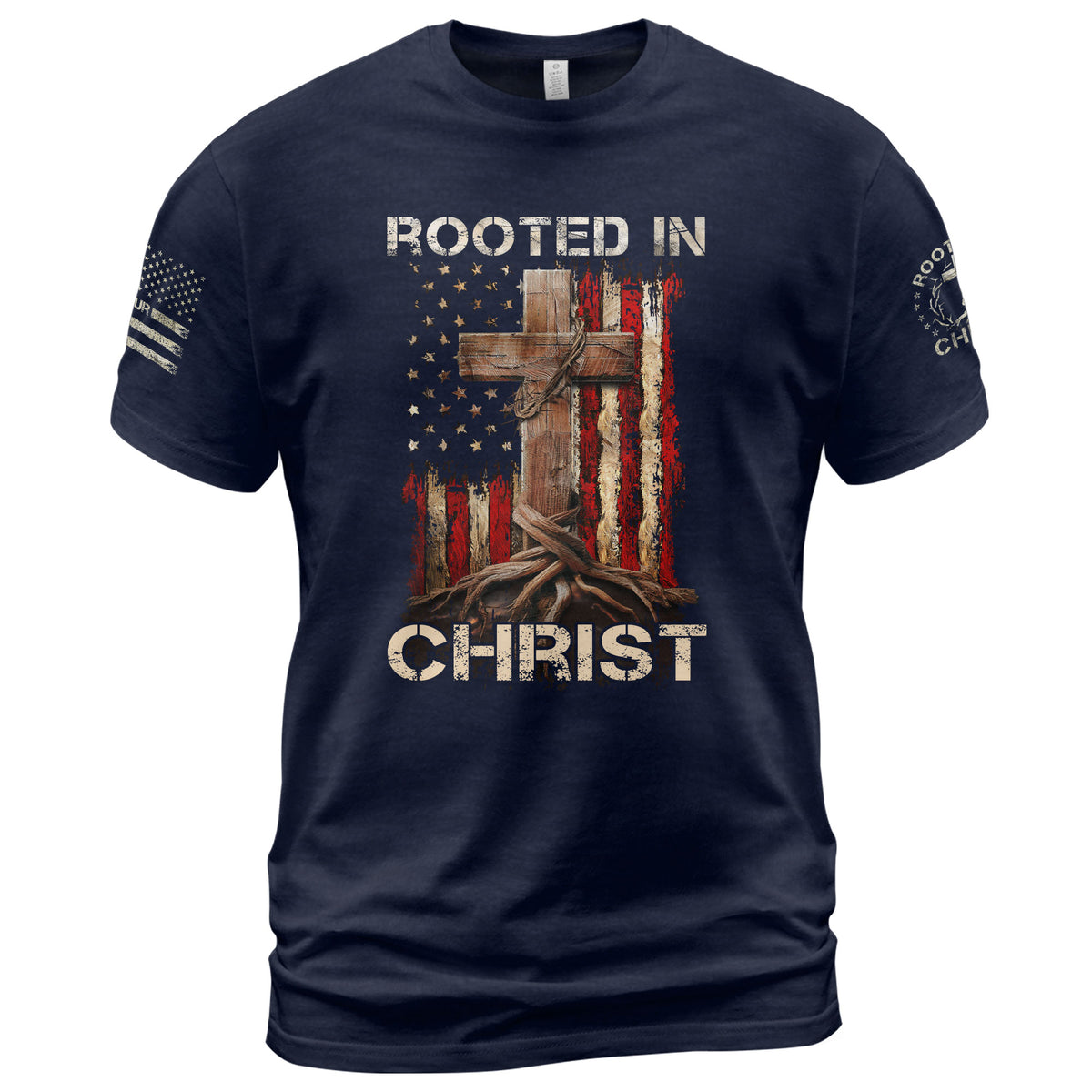 Rooted In Christ American Flag Cross, Christian Shirts for Men - Christian Tee Shirts - Rust Field Wear