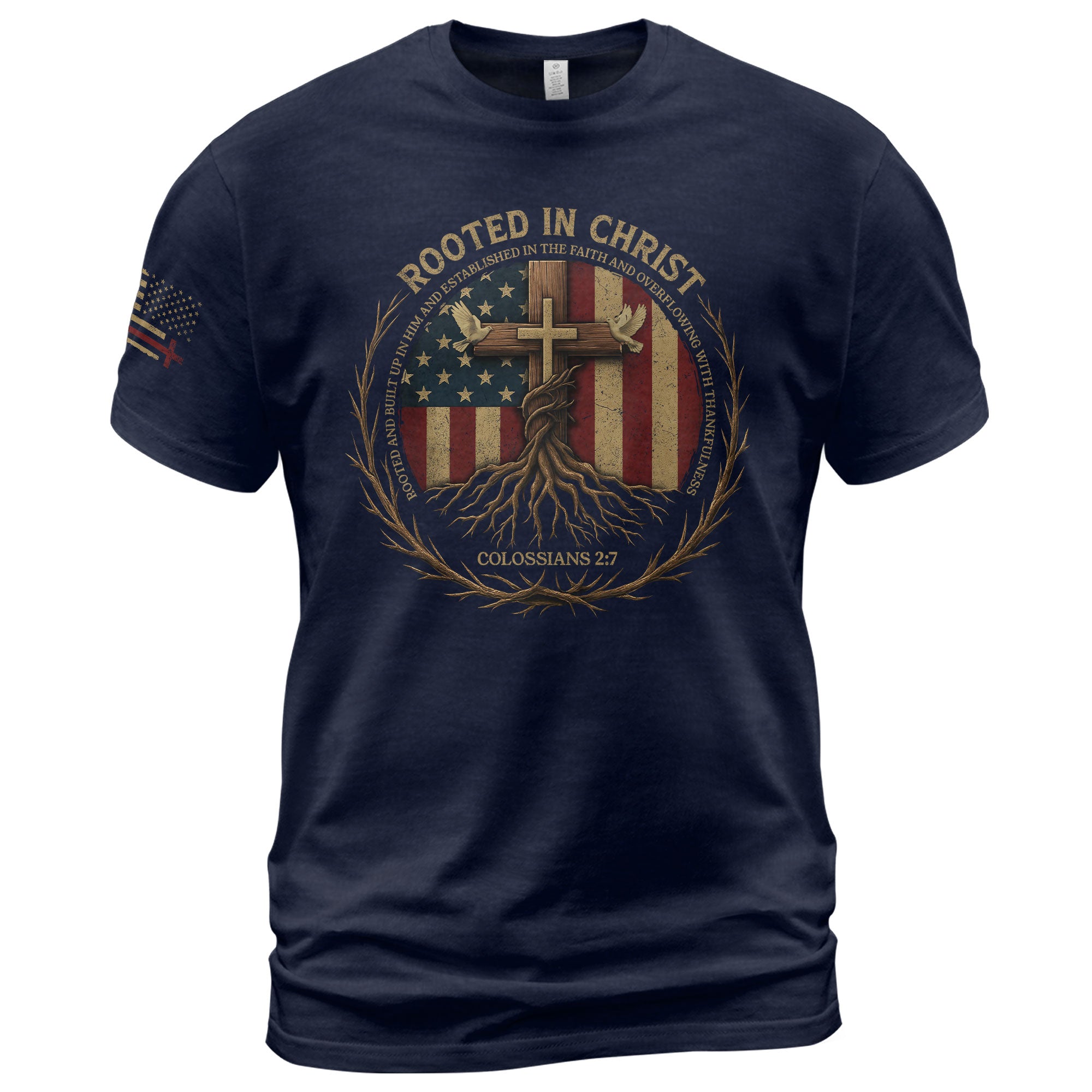 Christian Tee Shirts, Rooted in Christ Colossians 2:7 American Flag Faith - Christian Shirts for Men - Rust Field Wear