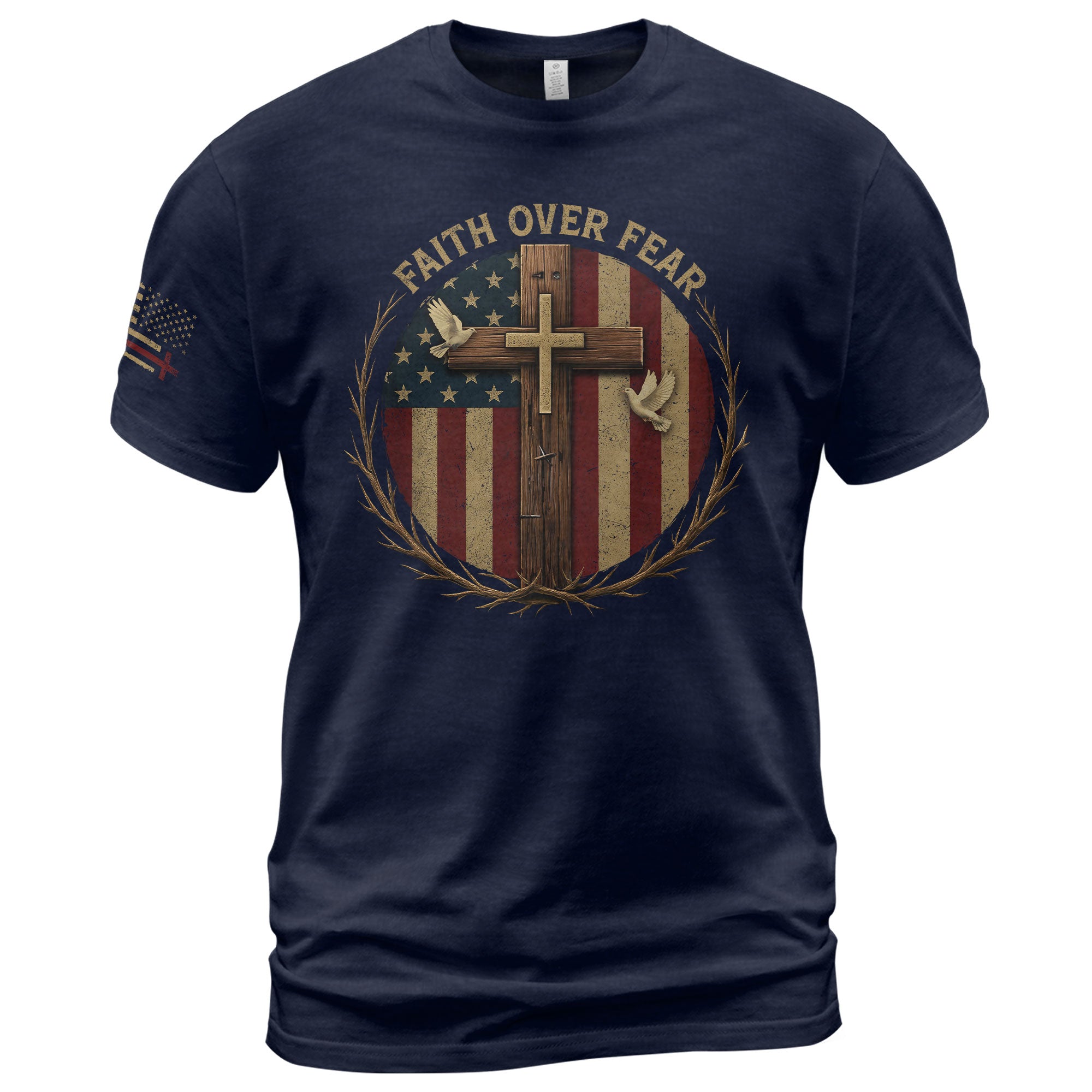 Faith Based Christian Tee Shirts, Faith Over Fear American Flag Cross Christian - Christian Shirts for Men - Rust Field Wear