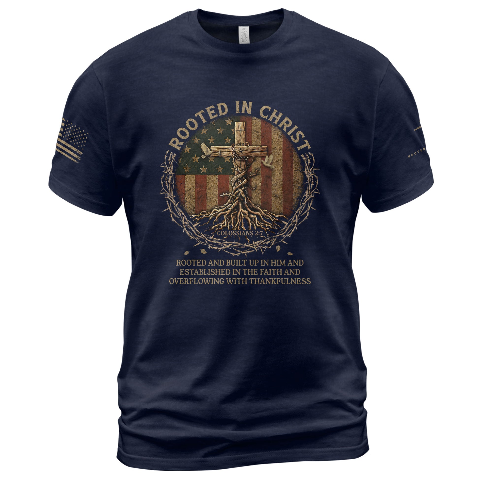 Christian Tee Shirts, Firmly Planted Rooted in Christ (Colossians 2:7) - Christian Shirts for Men - Rust Field Wear