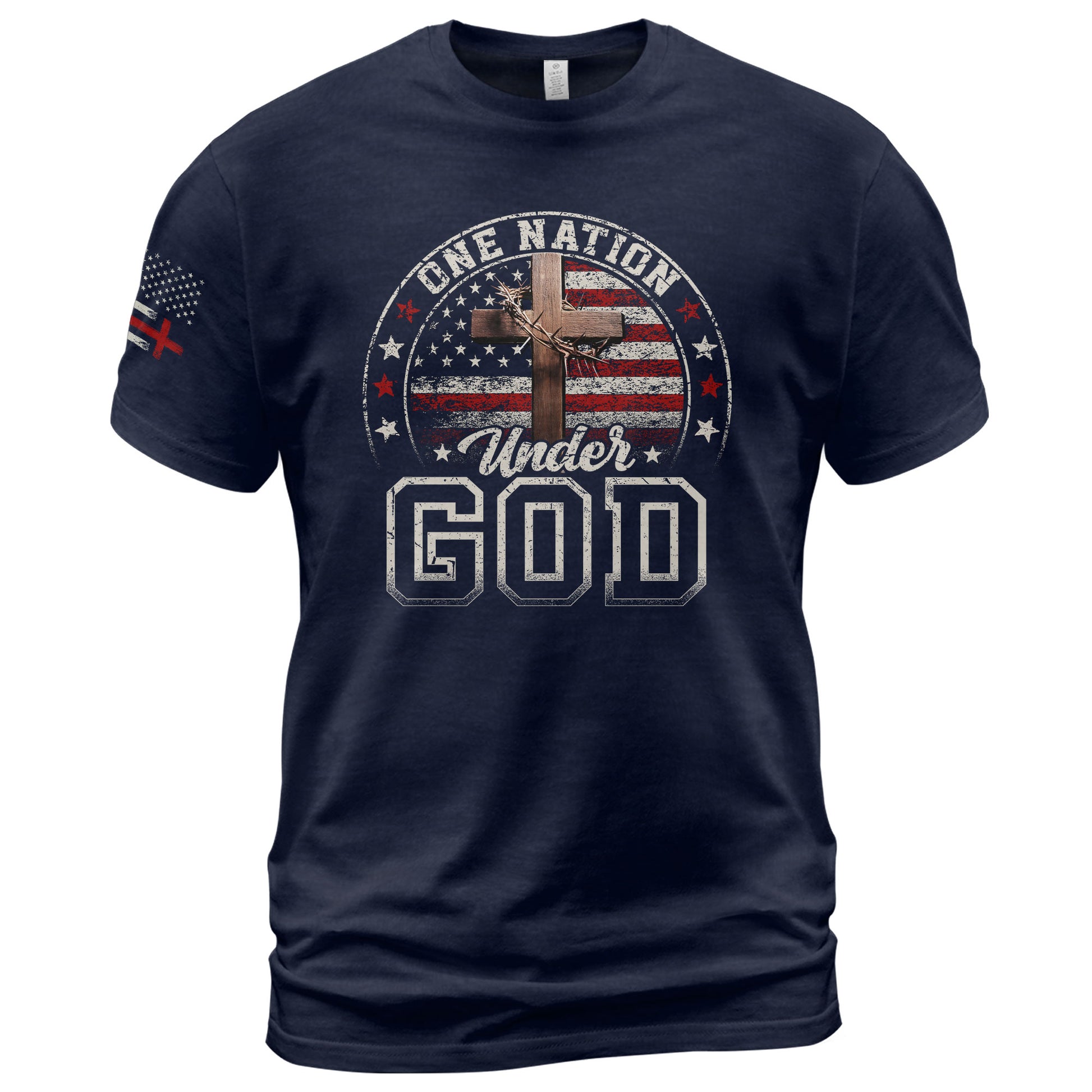One Nation Under God Christian American Flag Cross, Christian Tee Shirts - Faith Shirts for Men - Rust Field Wear
