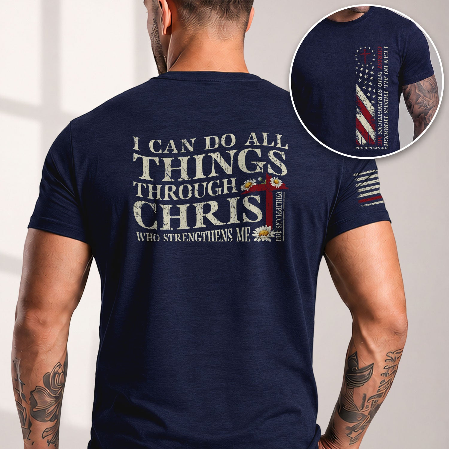Faith Based Christian Tee Shirts, Philippians 4:13 I Can Do All Things Through Christ American Flag - Christian Shirts for Men - Rust Field Wear