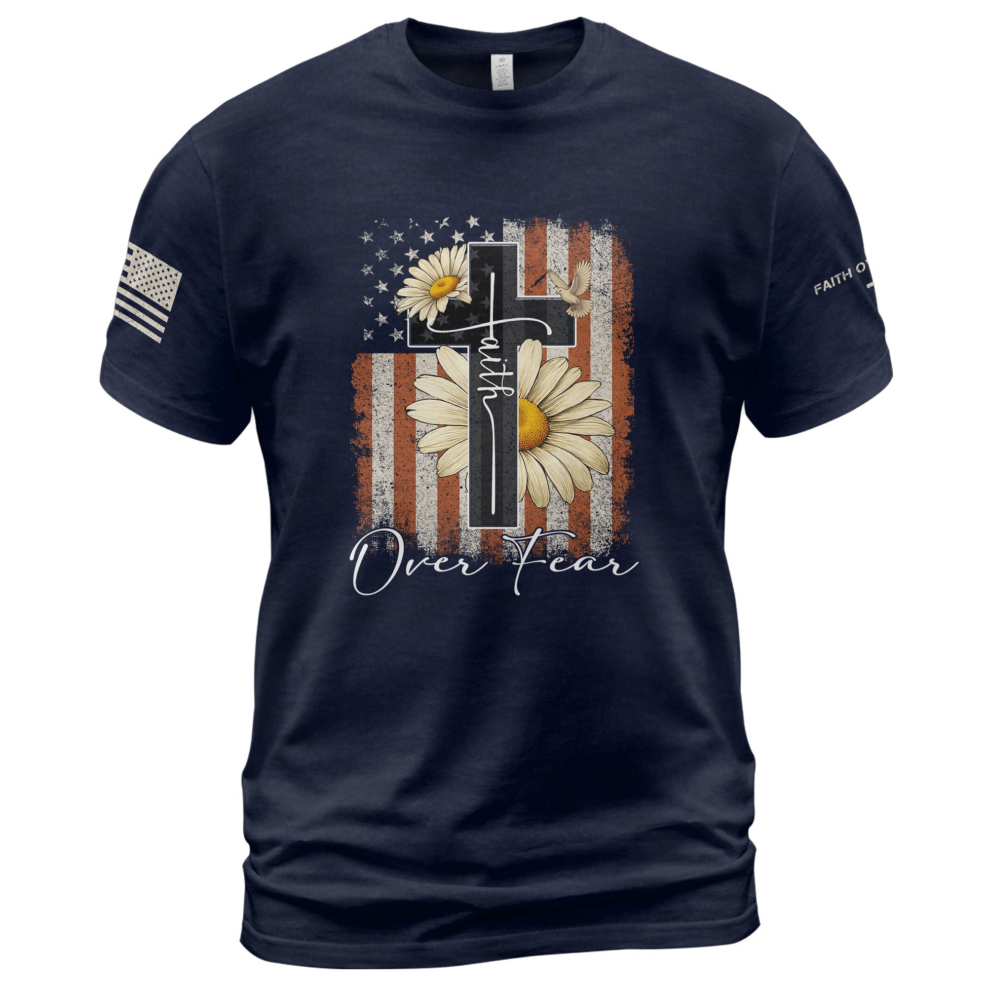 Christian Shirts for Men - Faith Over Fear Daisy Cross USA Flag Christian, Christian Tee Shirts - Rust Field Wear