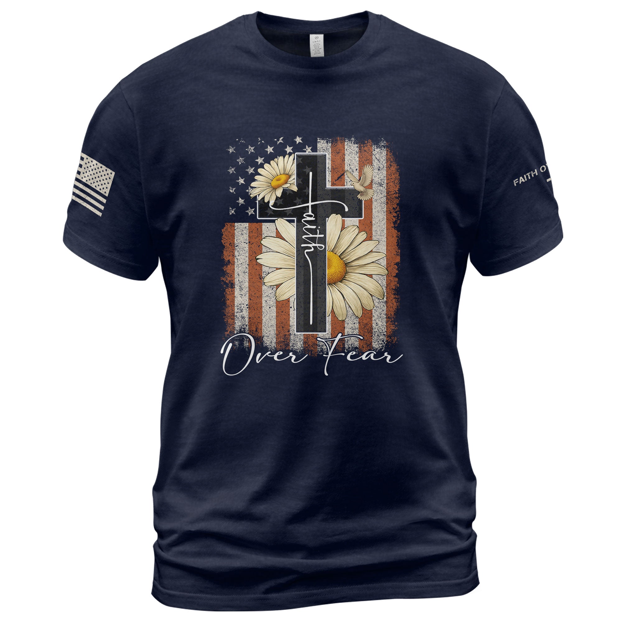 Christian Shirts for Men - Faith Over Fear Daisy Cross USA Flag Christian, Christian Tee Shirts - Rust Field Wear