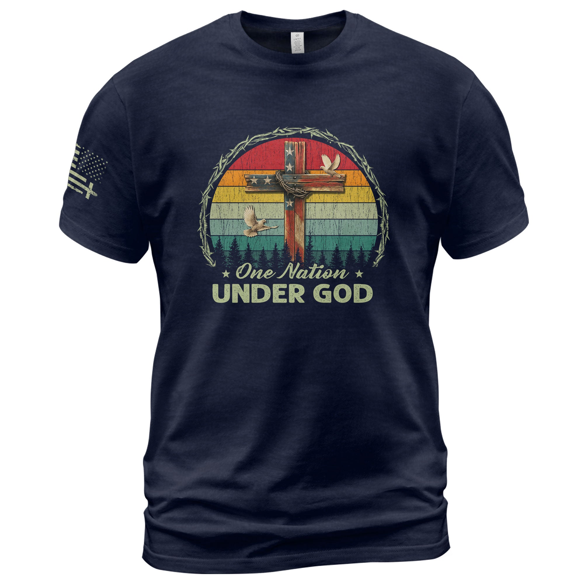 Christian Shirts for Men, One Nation Under God Retro Sunset Cross - Christian Tee Shirts - Rust Field Wear