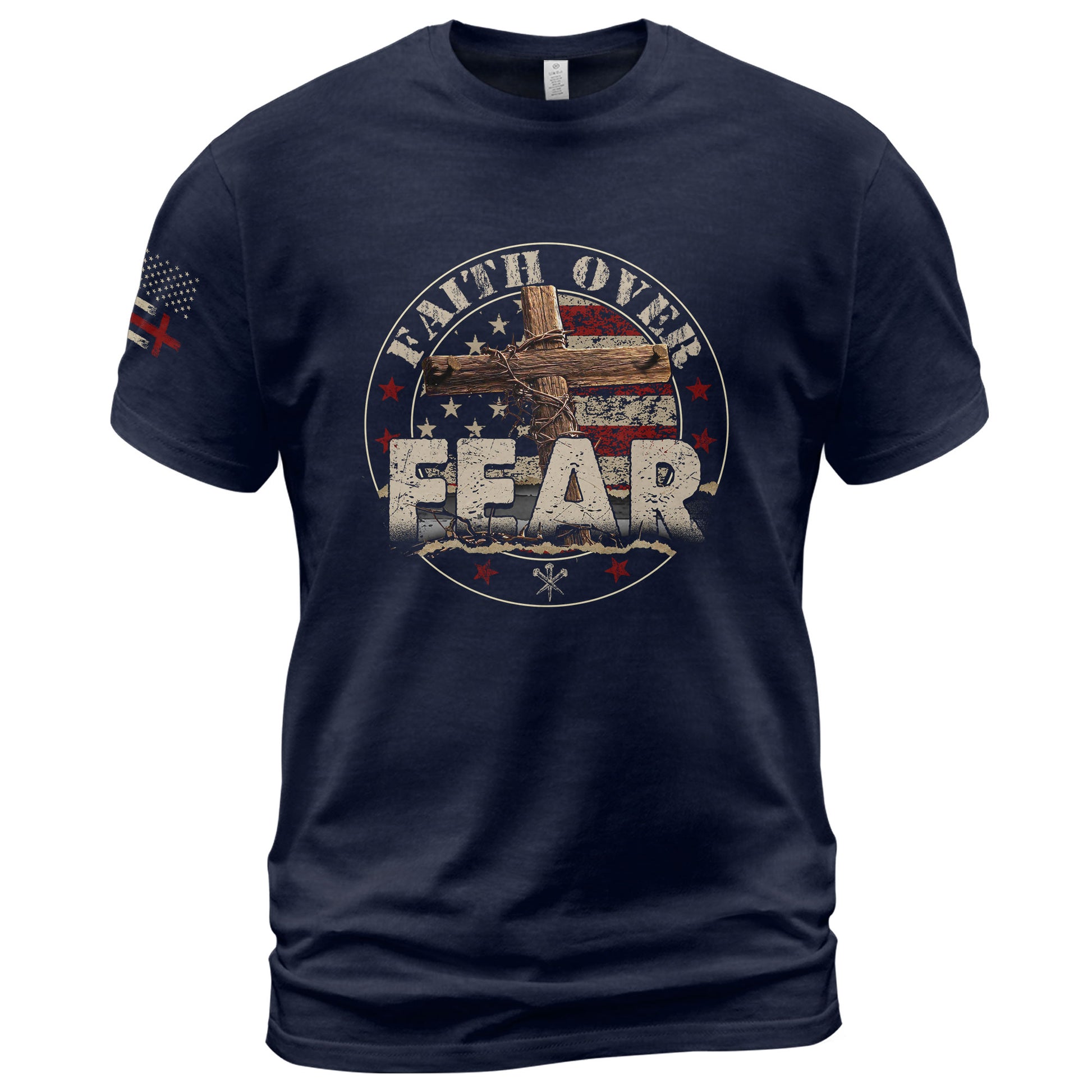 Faith Over Fear Cross, Courage and American Spirit, Christian Shirts for Men - Christian Tee Shirts - Rust Field Wear