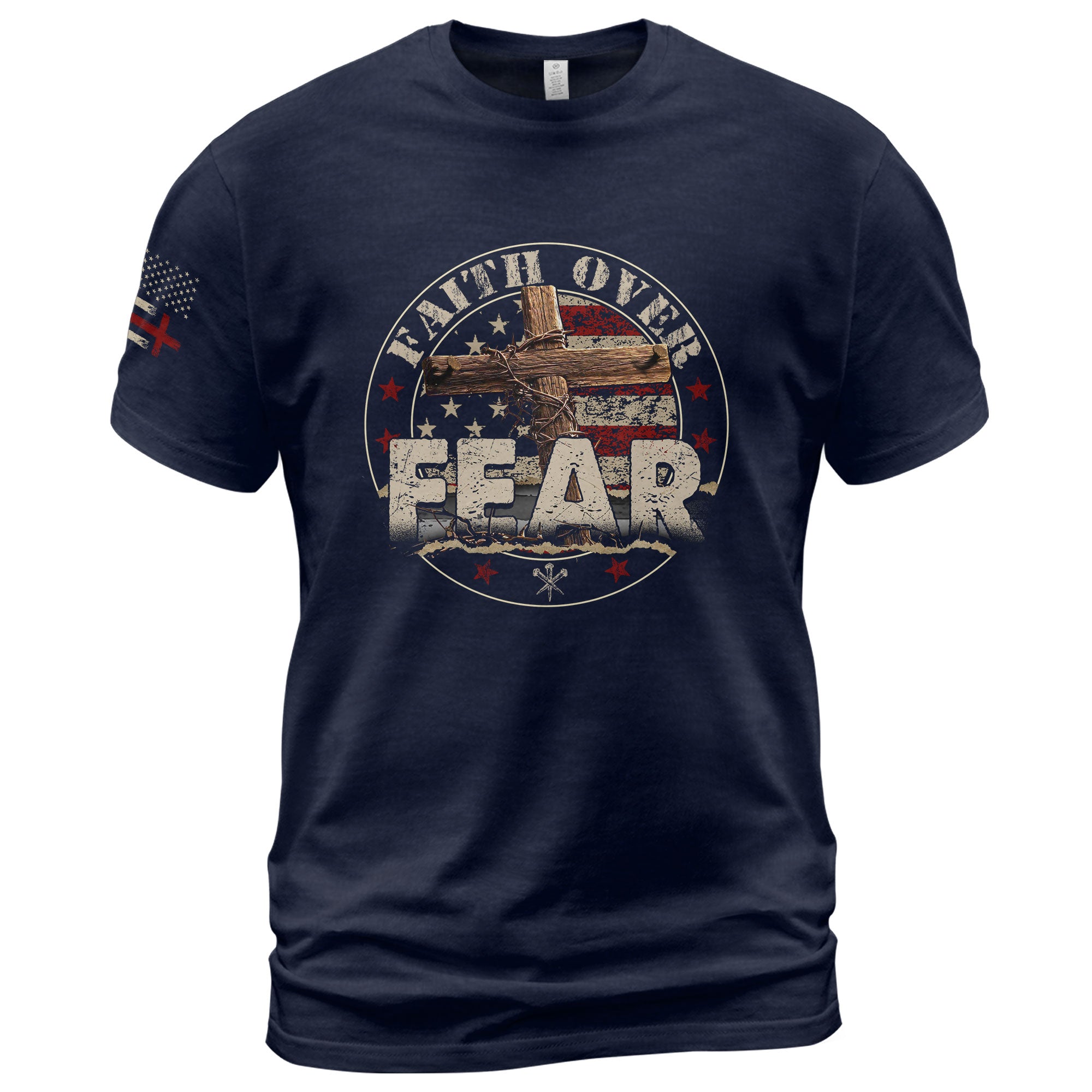 Faith Over Fear Cross, Courage and American Spirit, Christian Shirts for Men - Christian Tee Shirts - Rust Field Wear