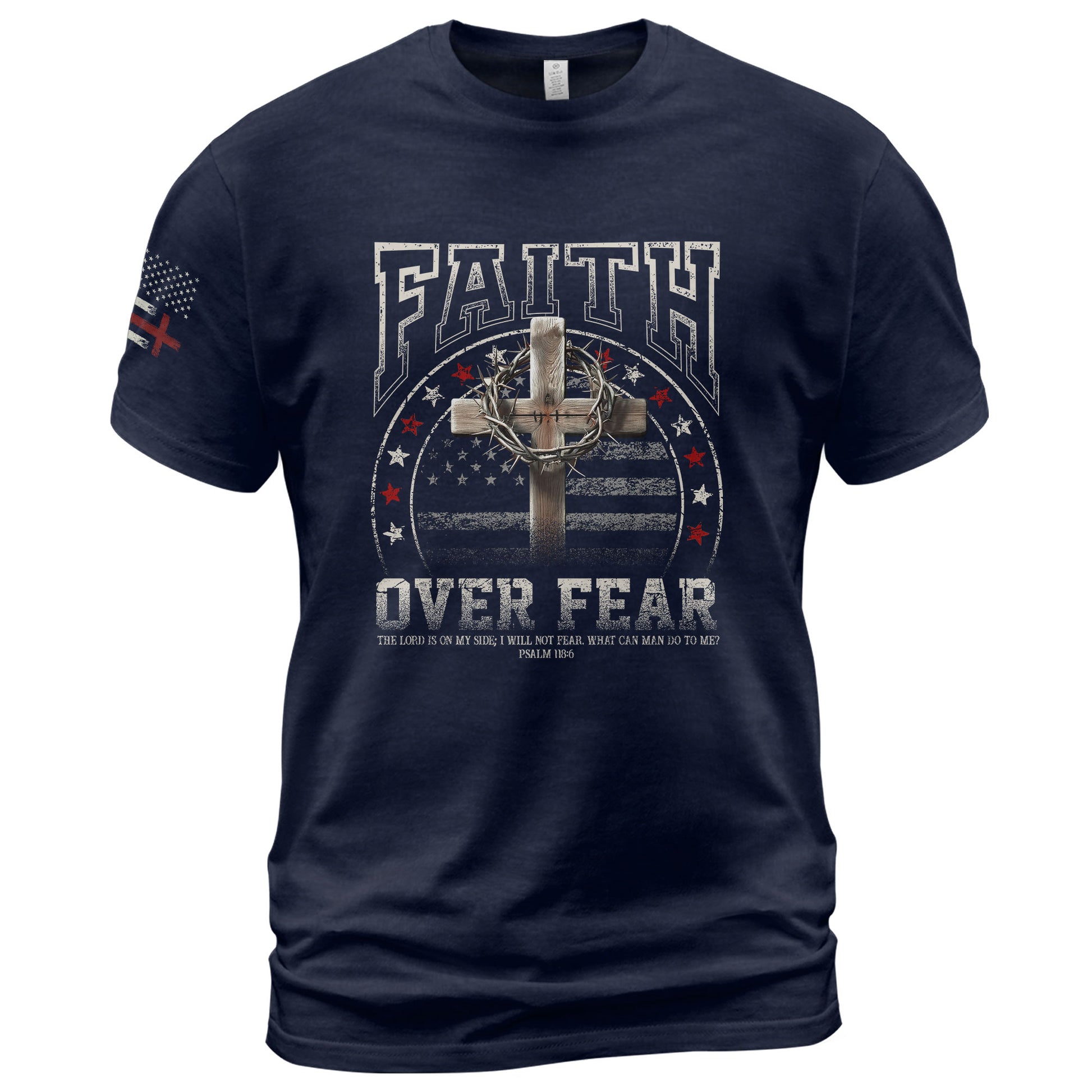 Faith Based Christian Tee Shirts, Faith Over Fear Cross American Flag - Christian Shirts for Men - Rust Field Wear