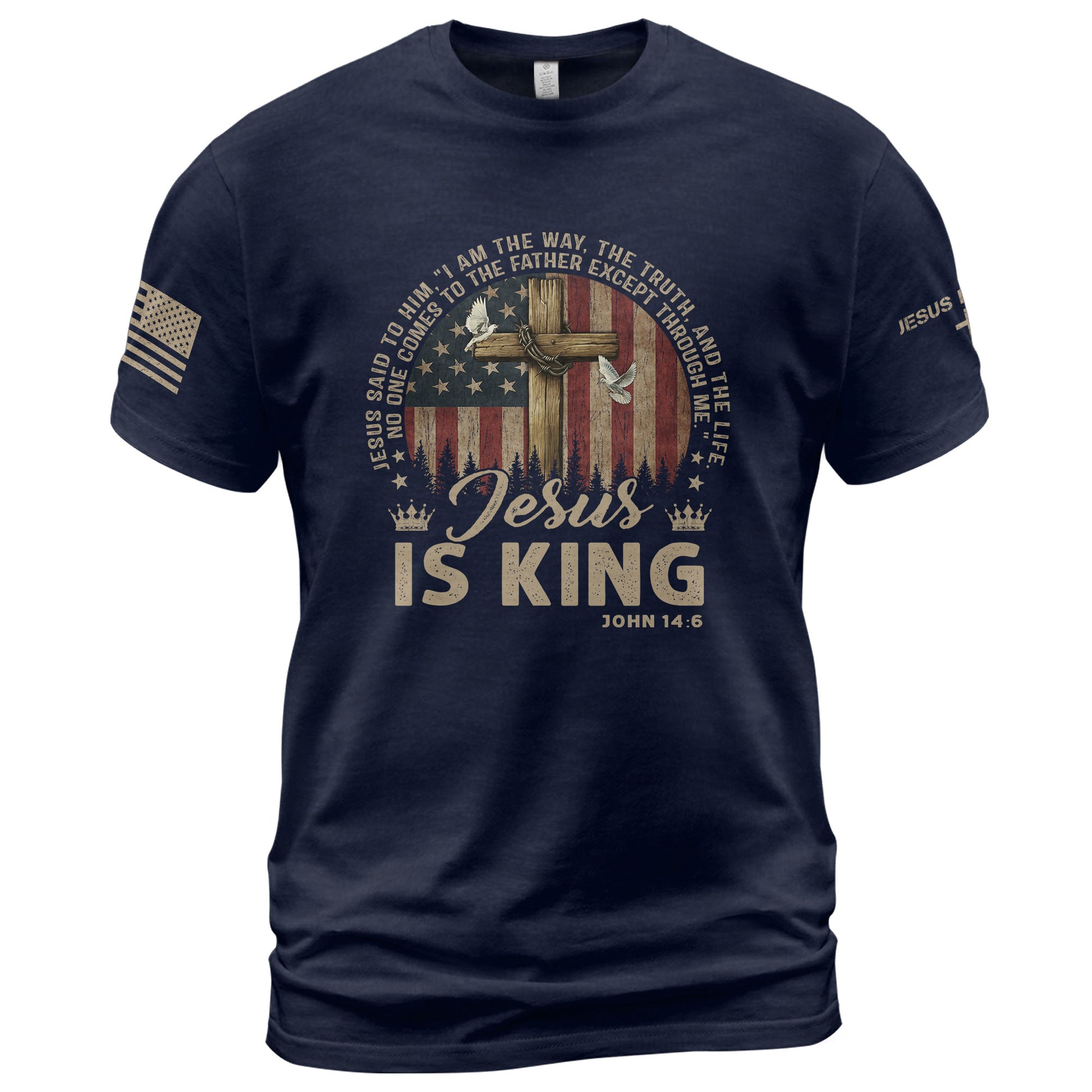 Christian Tee Shirts, Jesus Is King , Cross, American Flag and Christian Faith - Christian Shirts for Men - Rust Field Wear