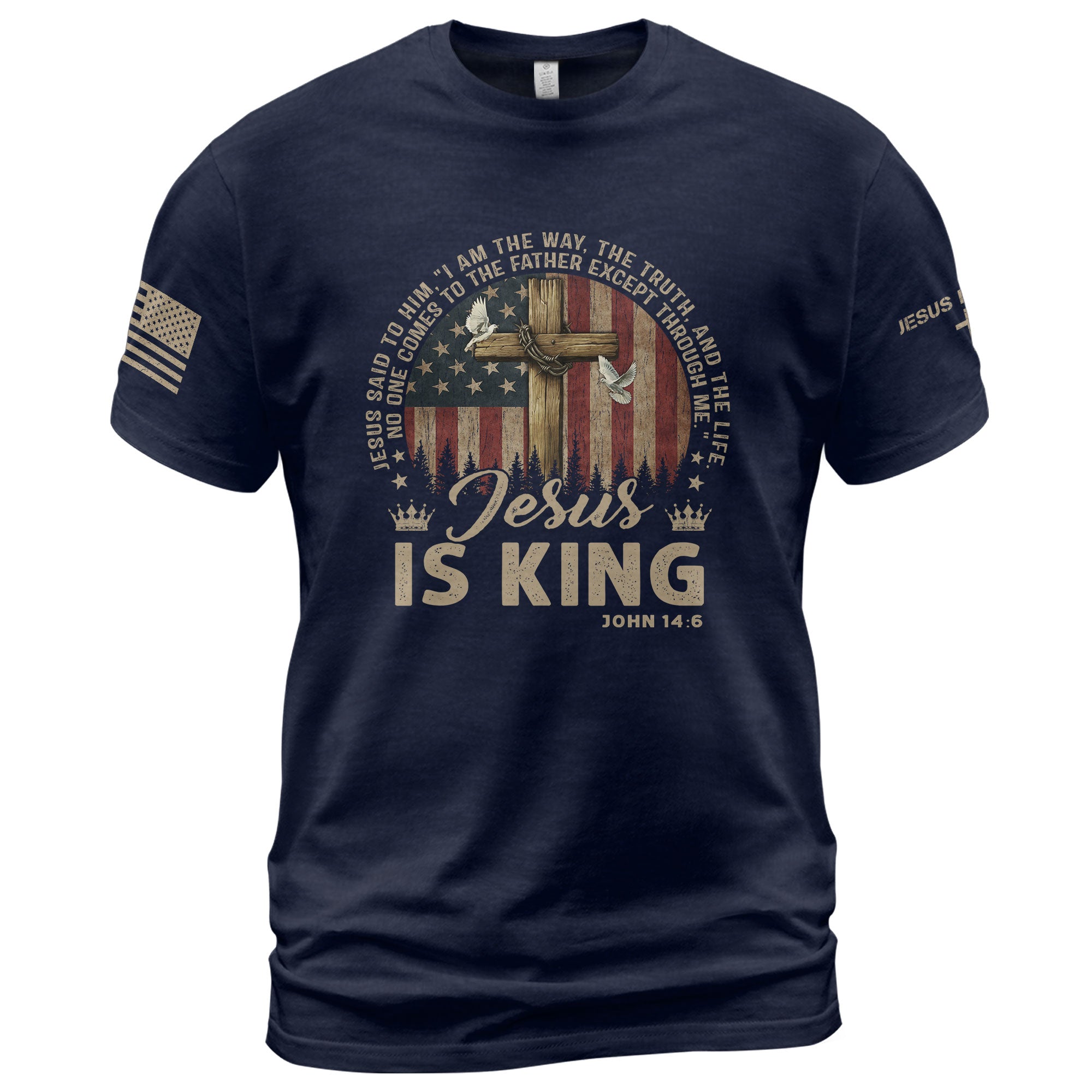 Christian Tee Shirts, Jesus Is King , Cross, American Flag and Christian Faith - Christian Shirts for Men - Rust Field Wear