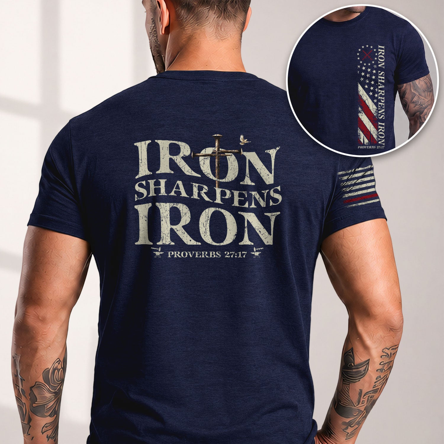 Christian Tee Shirts, Iron Sharpens Iron , Christian Cross and American Flag - Christian Shirts for Men - Rust Field Wear