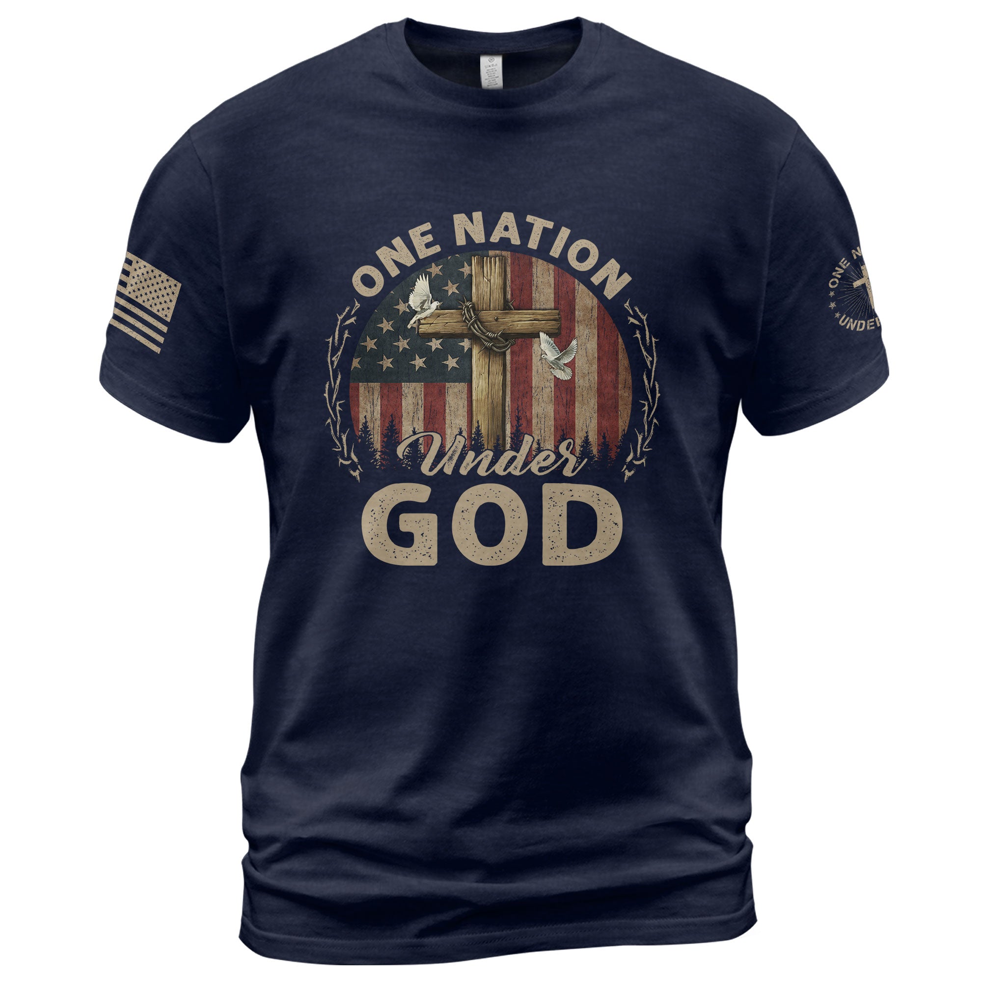 One Nation Under God Cross, Flag and Christian Boldwear, Christian Tee Shirts - Faith Shirts for Men - Rust Field Wear