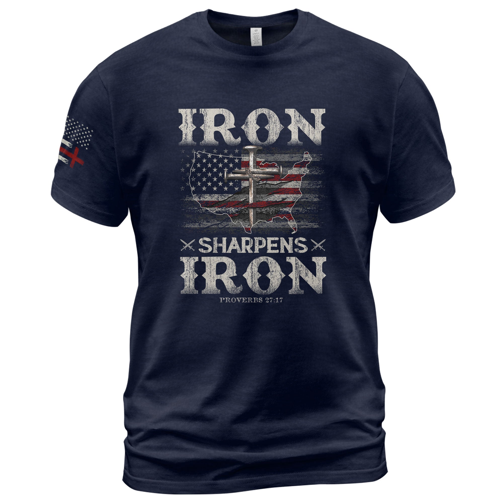 Faith Based Christian Tee Shirts, Iron Sharpens Iron Proverbs 27:17 USA Faith Warrior - Christian Shirts for Men - Rust Field Wear