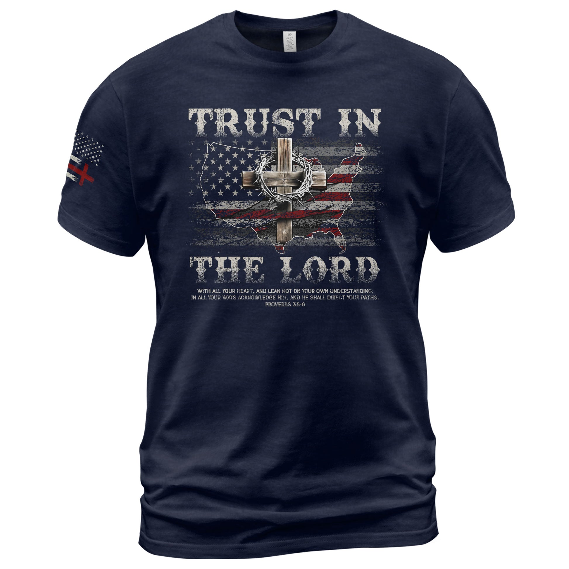Trust In The Lord Christian Proverbs 3:5 6 Bible Verse American Flag Cross, Christian Tee Shirts - Faith Shirts for Men - Rust Field Wear