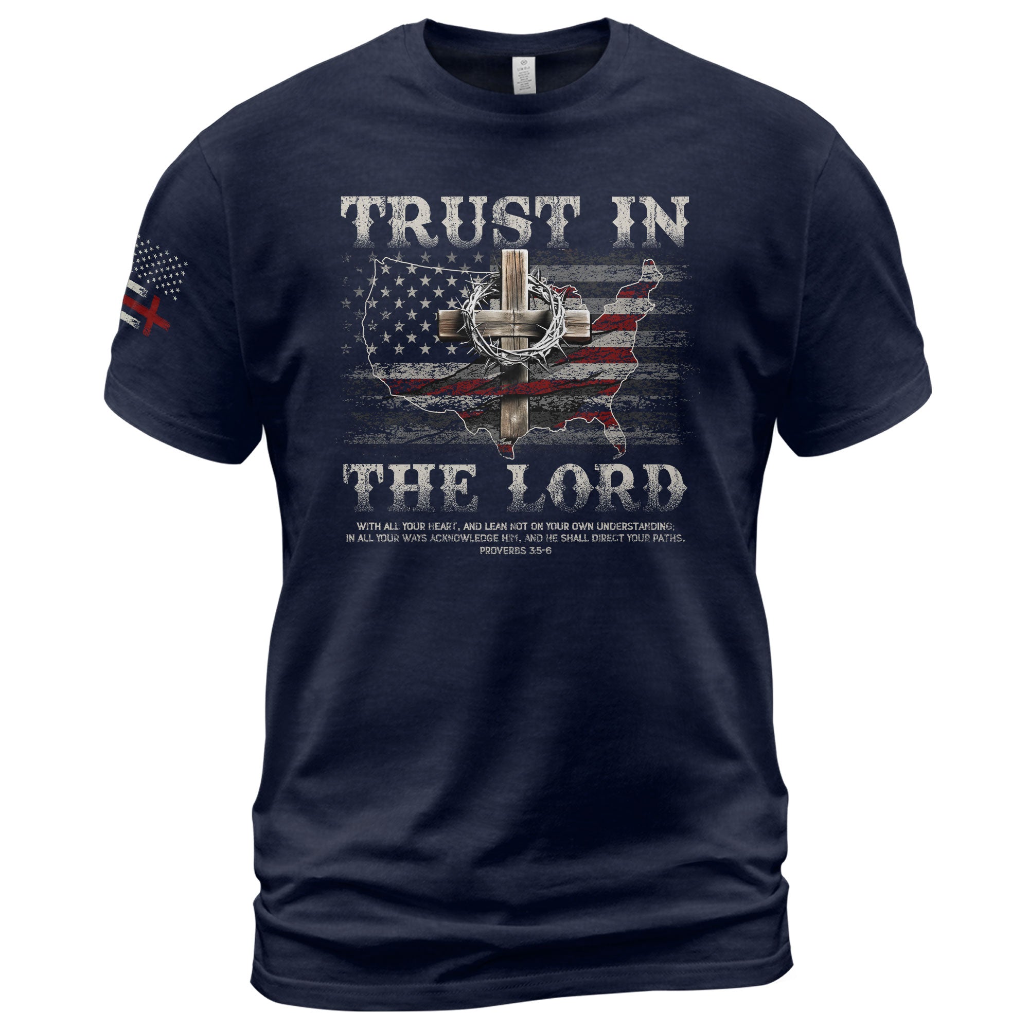 Trust In The Lord Christian Proverbs 3:5 6 Bible Verse American Flag Cross, Christian Tee Shirts - Faith Shirts for Men - Rust Field Wear