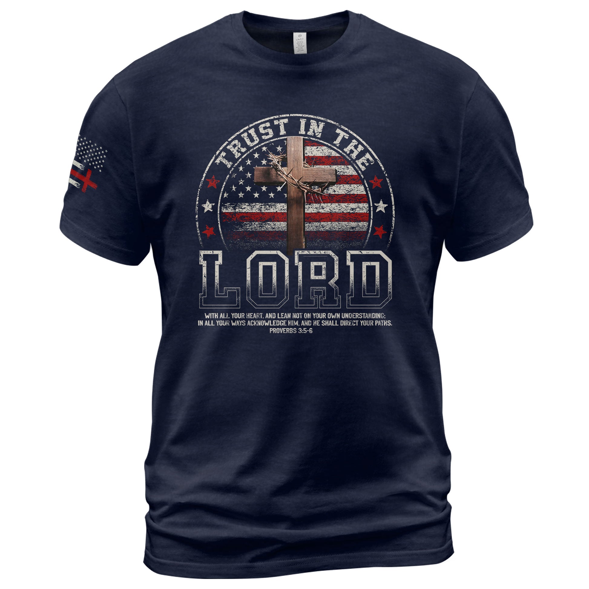 Faith Based Christian Tee Shirts, Trust In The Lord Christian American Flag Cross - Christian Shirts for Men - Rust Field Wear