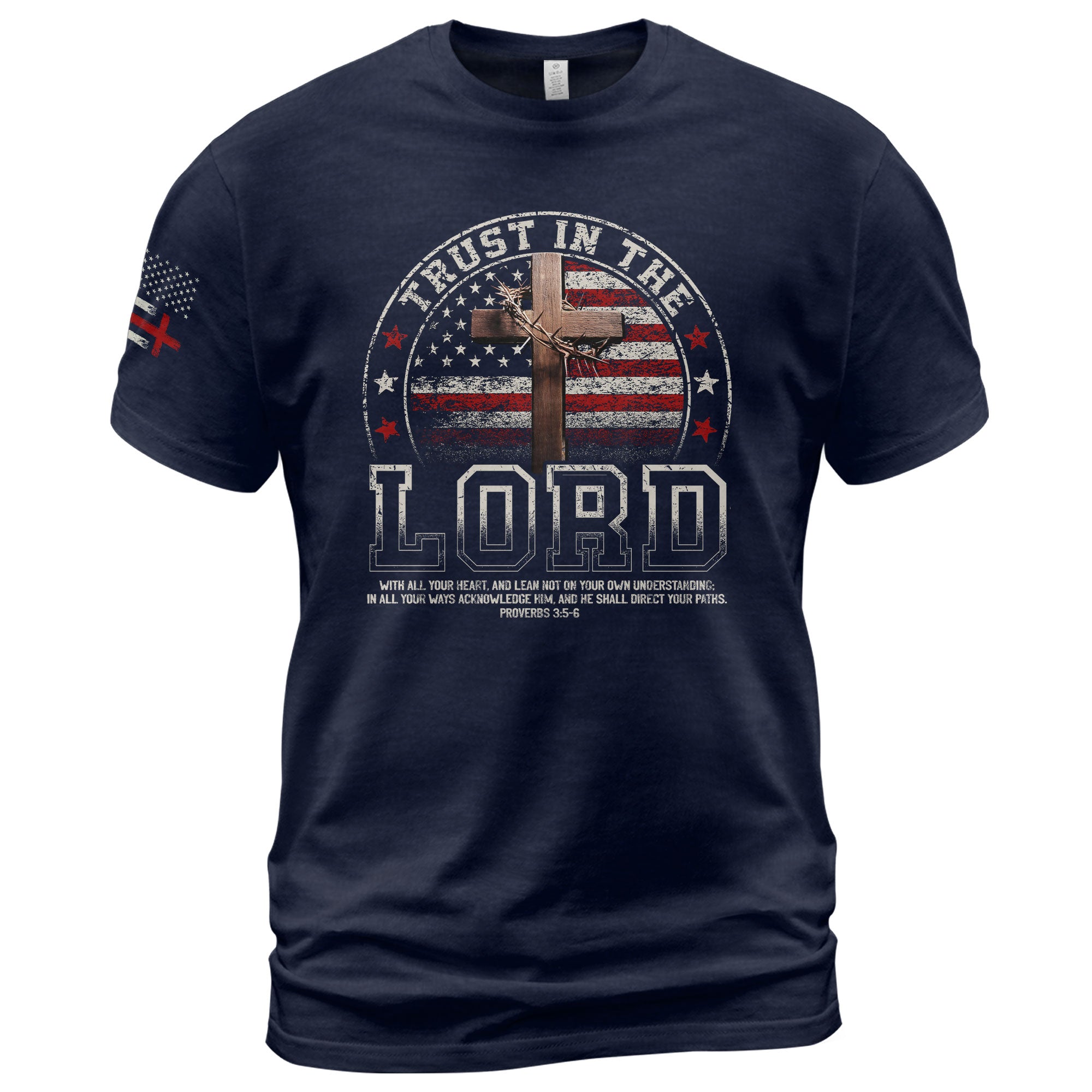 Faith Based Christian Tee Shirts, Trust In The Lord Christian American Flag Cross - Christian Shirts for Men - Rust Field Wear