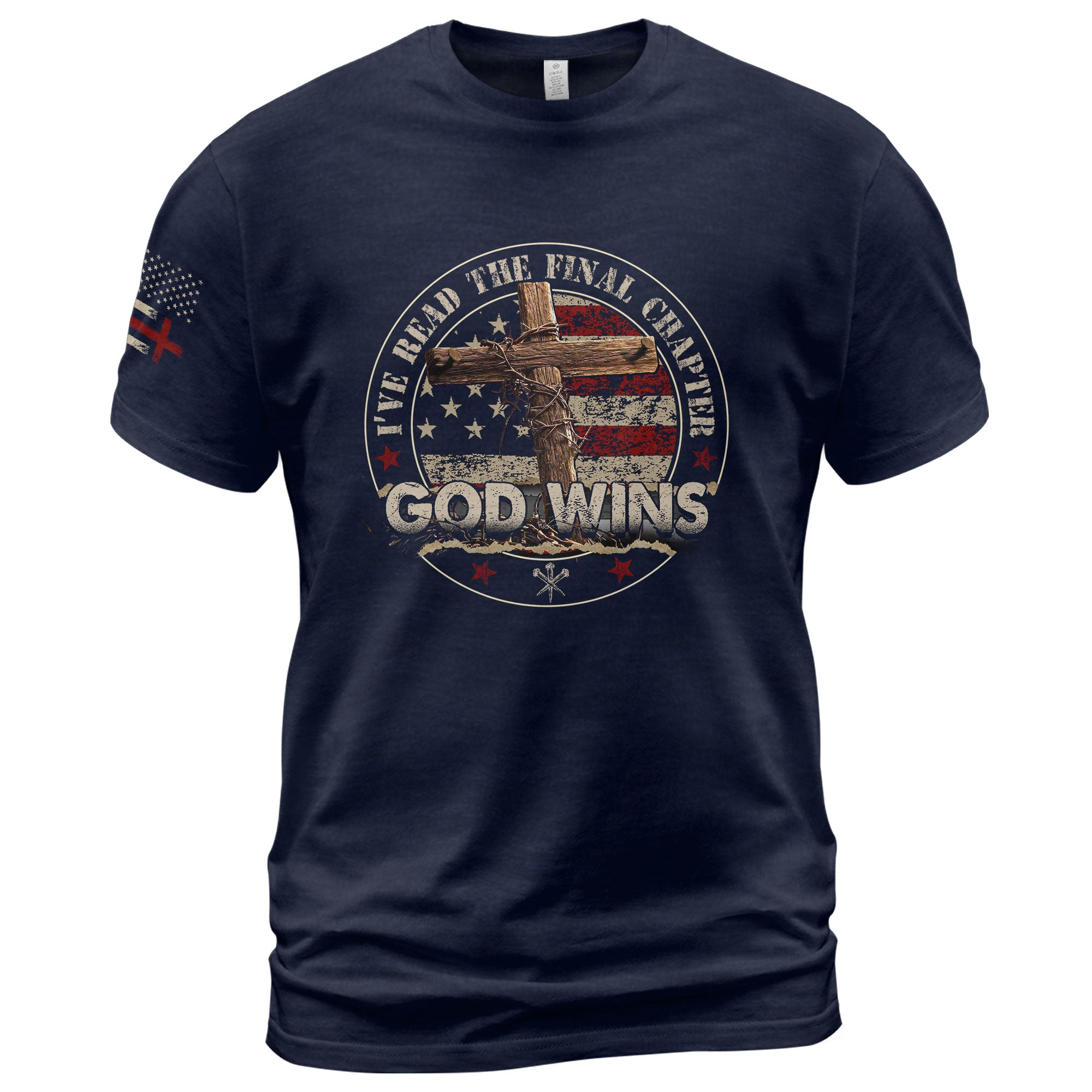 God Wins Final Chapter Circle American Flag, Christian Shirts for Men - Christian Tee Shirts - Rust Field Wear